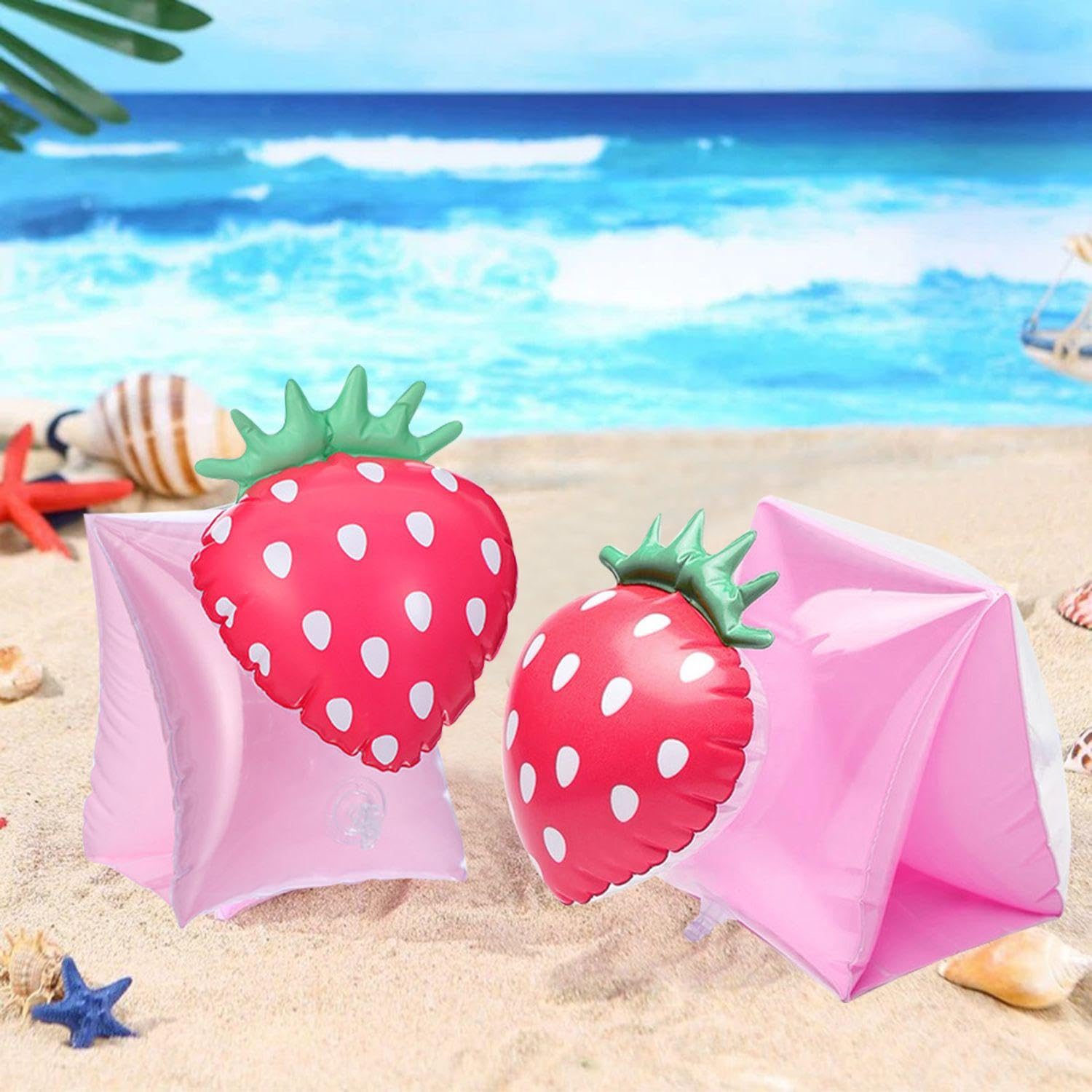 1 Paire Bracelets Fraise Gonflables + 1 Ballon De Plage - Manchons Natation Enfants Piscine - Rose