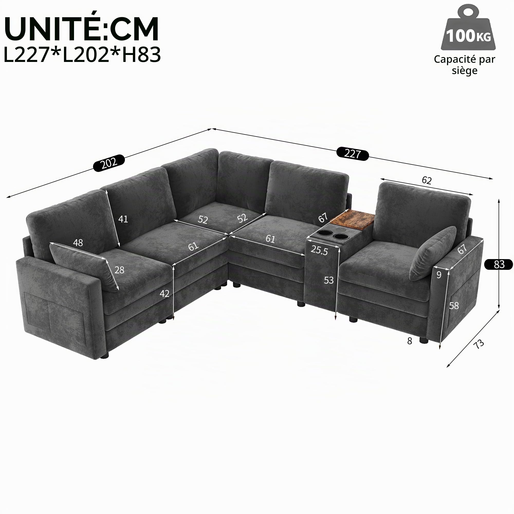 Sapgaks Canapé d'angle en Forme de L avec USB et Porte-gobelet,Canapé modulaire 5 Places avec Console Centrale Rabattable et Espace de Stockage,Canapé Nuage,Convient pour Le Salon et la Chambre,Gris