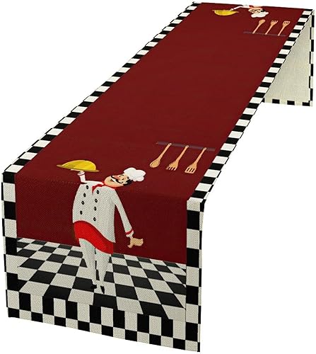 Vista 24 de Camino de mesa de chef de cocina, camino de mesa de chef grueso, decoración de granja, decoración de chef para la cocina, decoración de cocina