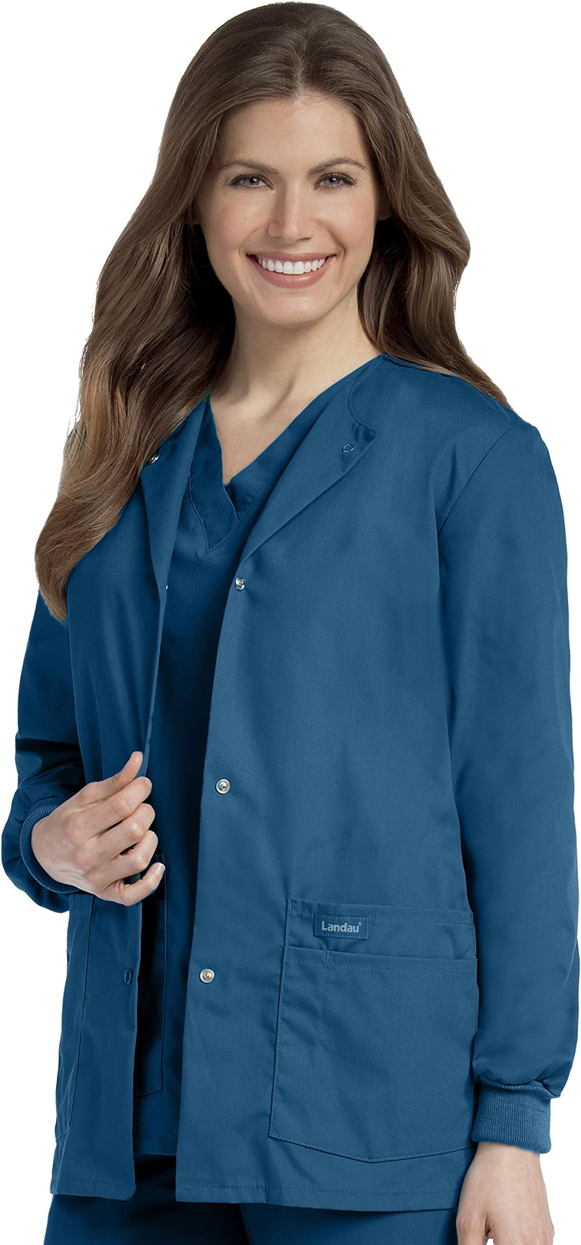 Landau Essentials Relaxed Fit 4-Pocket Snap-Front Scrub Jacket for Women 7525