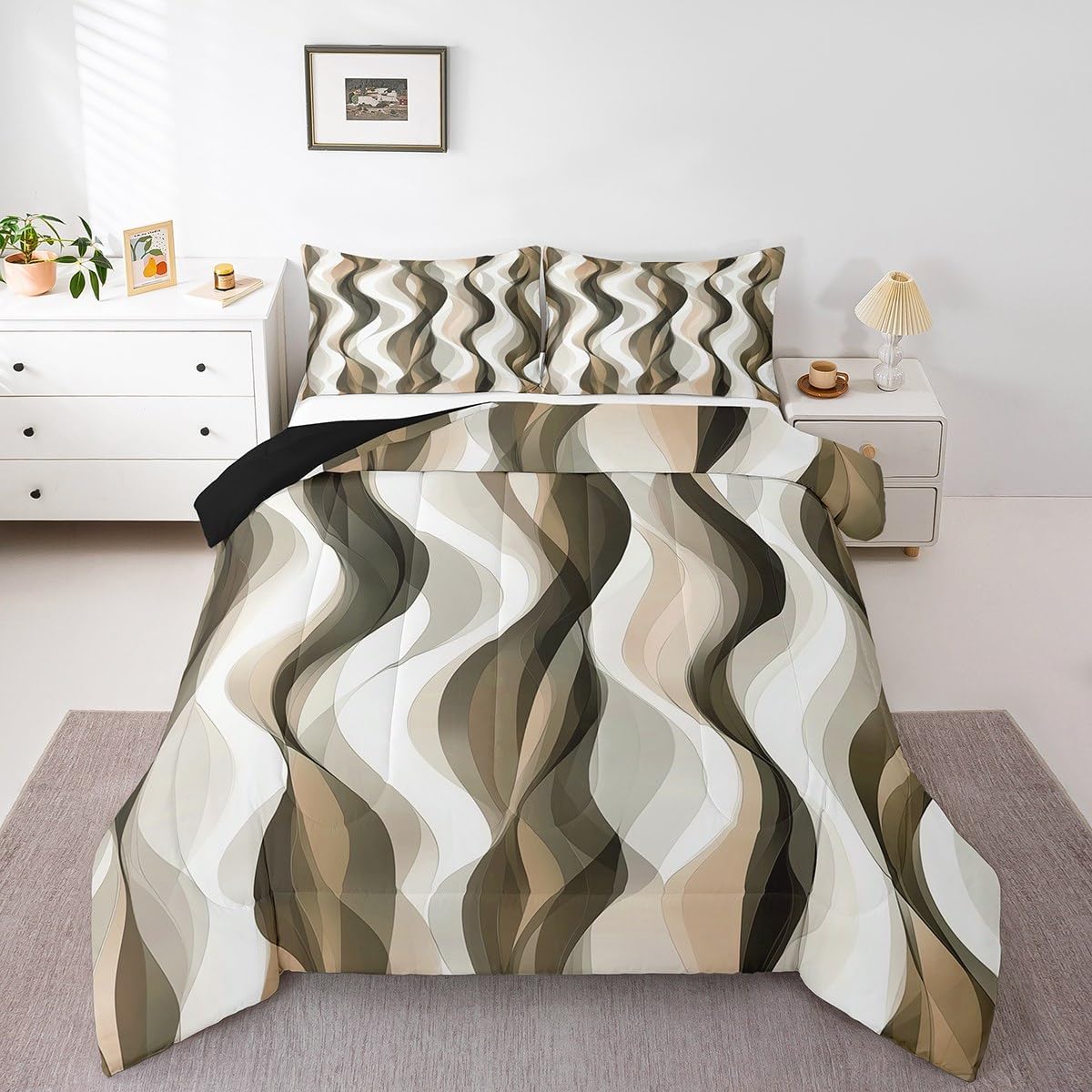 Erosebridal Dark Green Queen Size Bedding,Boho Abstract Striped Quilt for Kids Teens Adults,Minimalist Modern Geometric Comforter Set,Mid Century Aesthetics Art Duvet Insert,Emerald Green