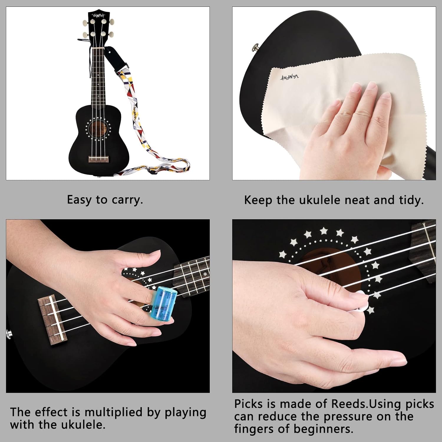 Soprano Ukulele for Beginner with Gig Bag 21 Inch Uke for Starter Hawaiian Soprano Ukalalee Polishing Adults Basswood 21 Inch Uke Bundle with Strap Picks Songbook Cleaning Cloth (Black)