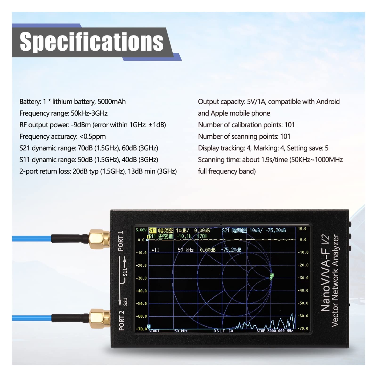 Nätverksanalysator, Analizator anteny VNA-F V2 4.3 Cal IPS LCD Wyświetlanie analizatora sieci wektorowej S-A-A-2 Analizator anteny krótka fala HF VHF UHF(2.8 Inch V2)
