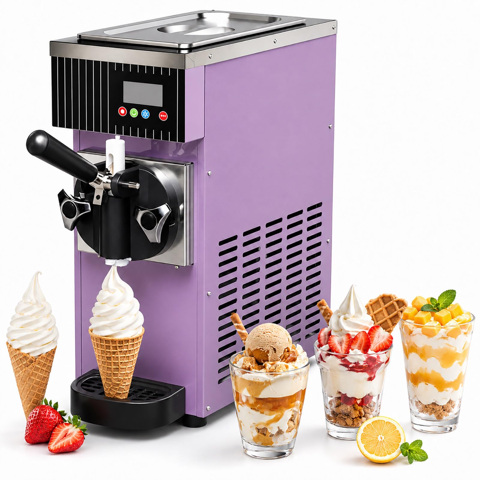 vnmudzeo Commercial Soft Serve Machine - 450W Countertop Ice Cream Maker, Single Flavor, 84.5oz Hopper, Auto Clean for Dessert Shops Purple
