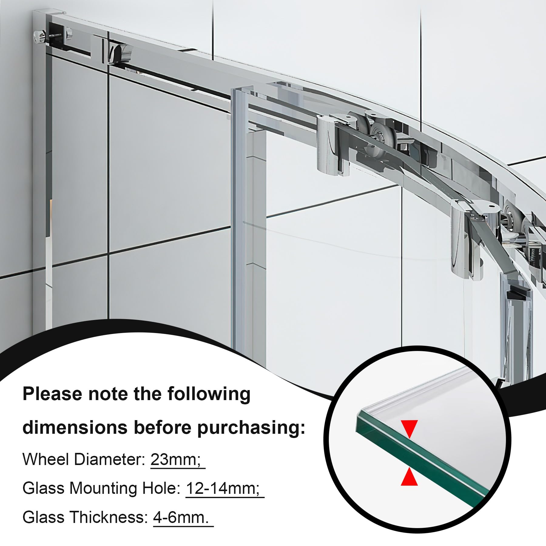 8 rulli di ricambio per porta della doccia da 23 mm, ruote scorrevoli in vetro per box doccia curvi, guide a rullo per bagno, per vetro da 4-6 mm, blocco anti-collisione (4 rulli superiori e 4
