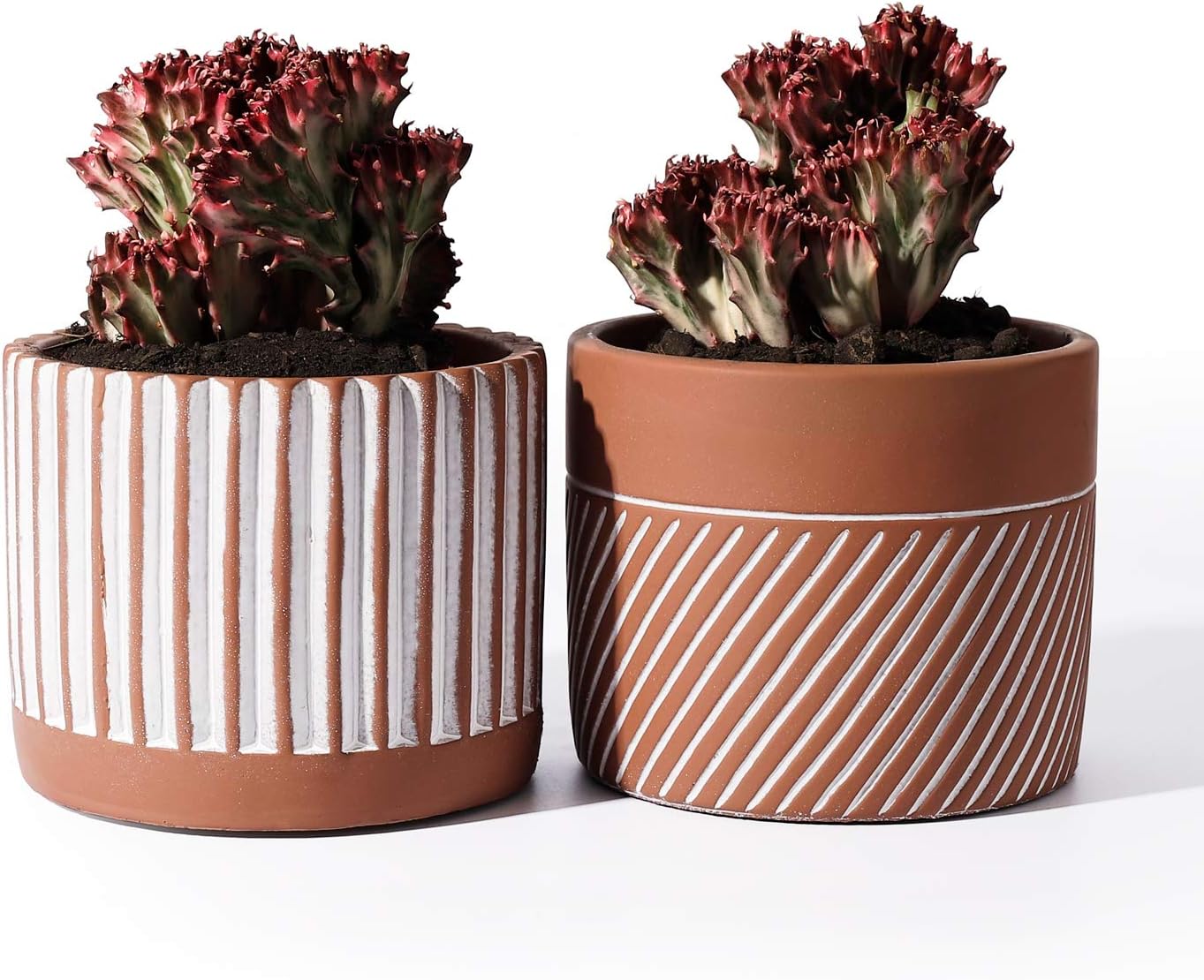 POTEY Cement Planter Flower Pot - 4.8 Inches Bonsai Containers Unglazed Medium for Indoor Plant with Drain Hole - Terracotta, Set of 2