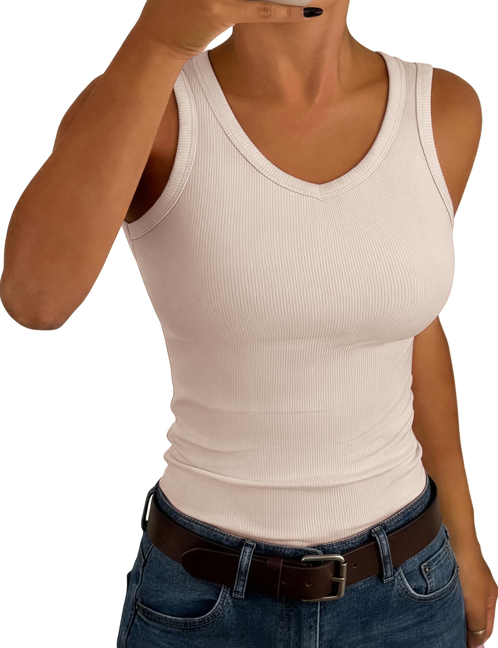 Aottori Tank Top Damen V-Ausschnitt Slim Fit Gerippt Sommer | Oberteile Ärmellos, Sexy, Stretch, Basic, Unterhemd, Casual für Alltag Freizeit, Einfarbig