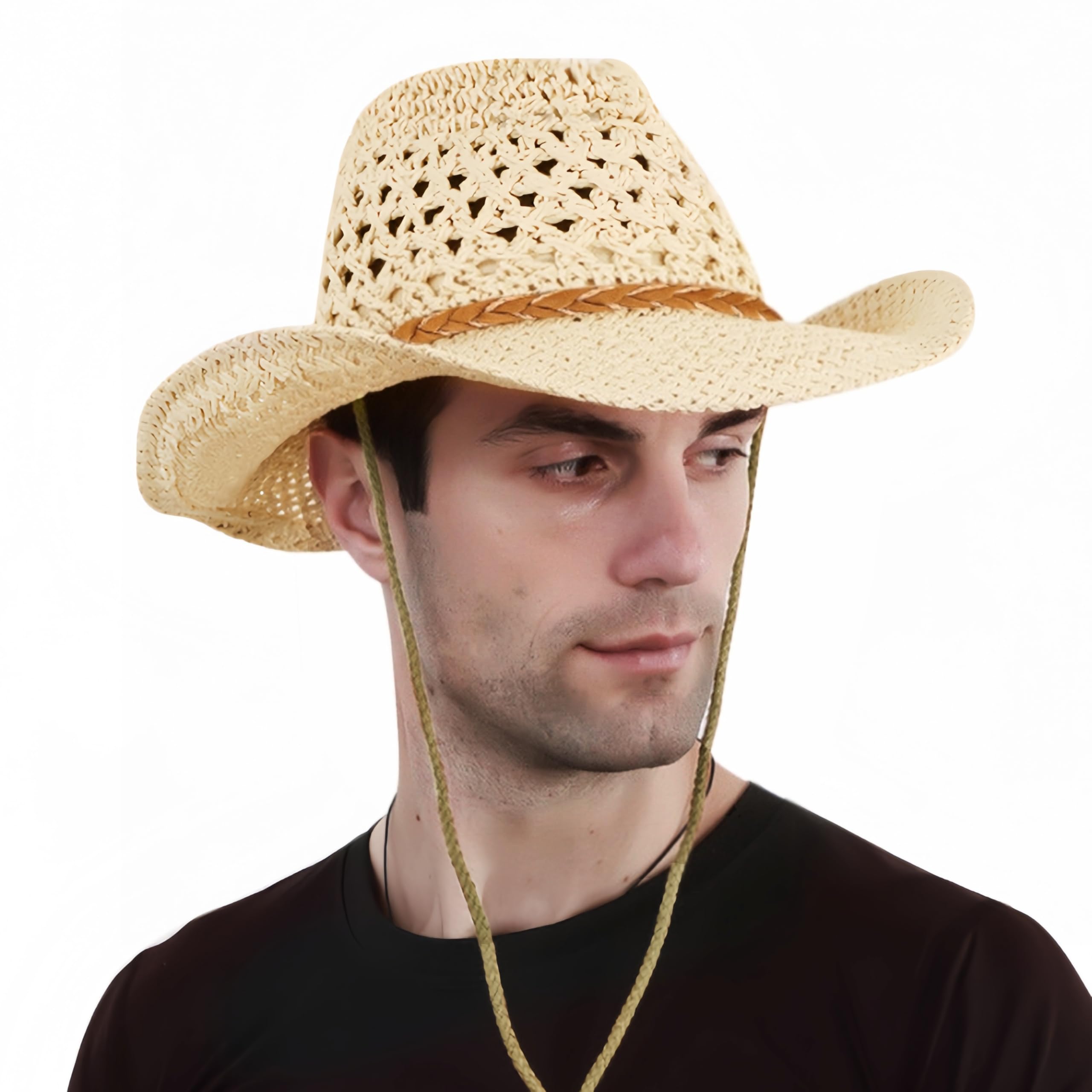 Men Straw Hats Straw Cowboy Hat Woven Lifeguard Beach Sun Straw Hat Summer Wide Brim Braid Straw Hat with Chin Strap Handmade Straw Hat Vented UV Protection Straw Hat Adjustable for Summer Outing