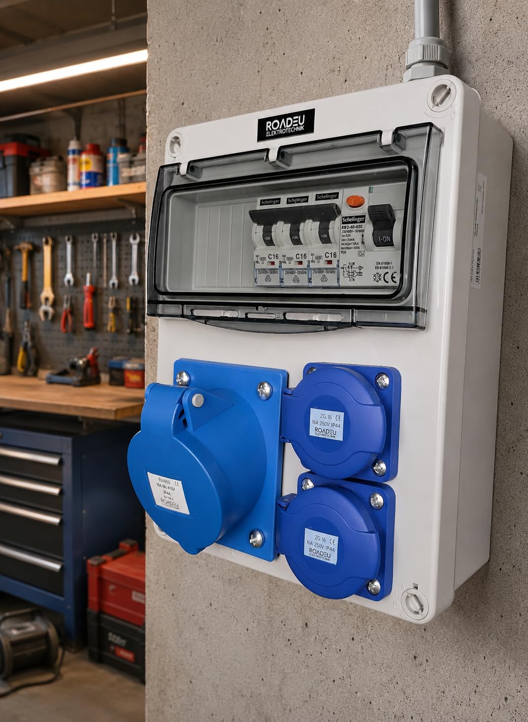 RoadEu Stromverteiler 230V IP44 mit FI, CEE 16A 3P und 2x Schuko