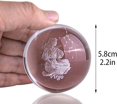 Miniatura 5 de Bola de constelación de talla interna 3D Pisapapeles de cristal Esfera llena de cristal Fengshui con soporte de floración plateado en astilla (Virgo)