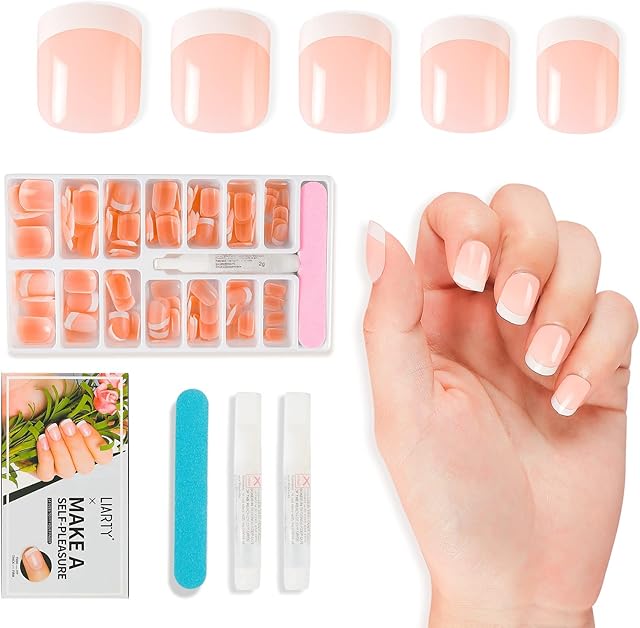 LIARTY 140 Pcs French False Nails with Glue Natural Press On Nails Short Stick On Nails Tips for Brides Women Girls