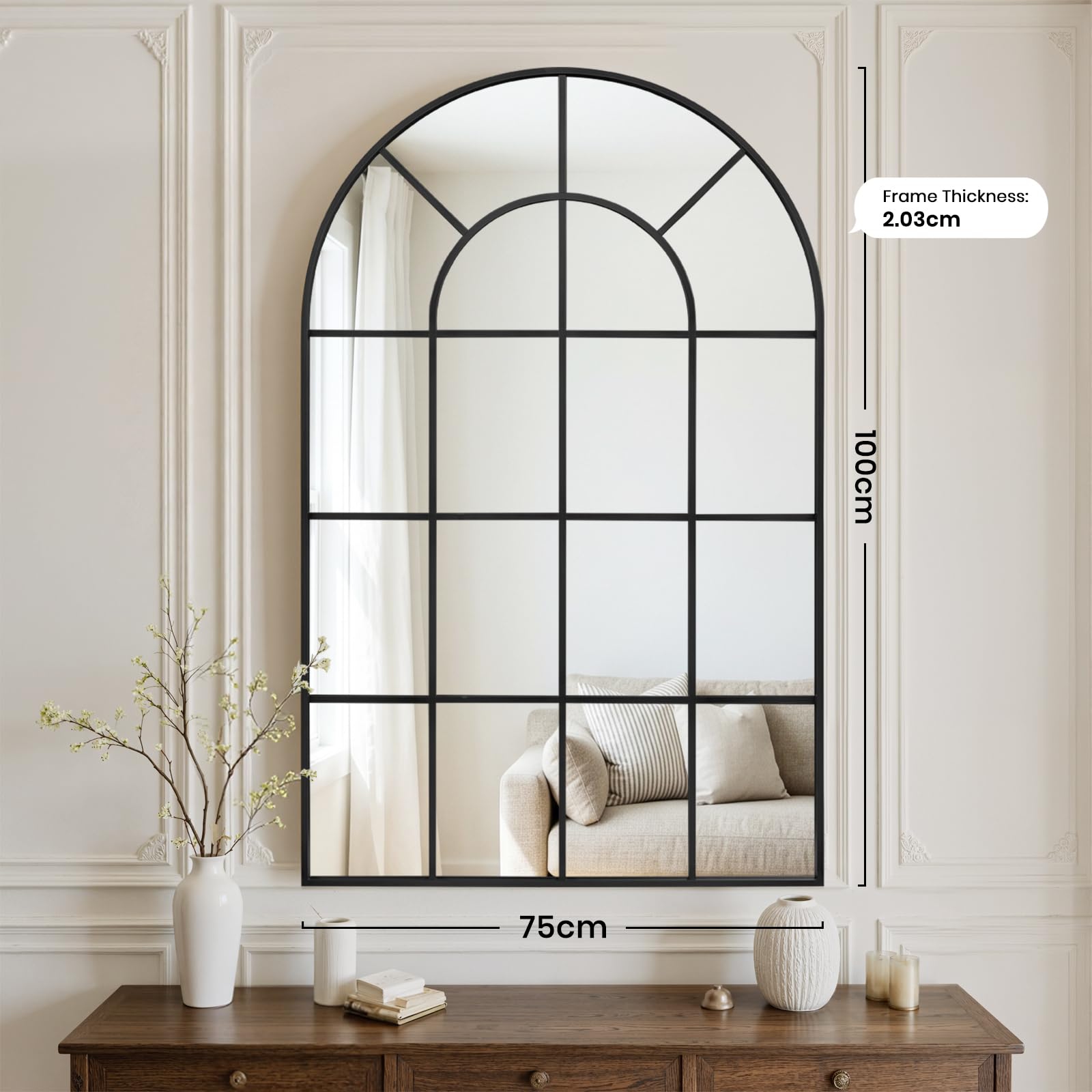 Reflix Specchio da giardino, 100 x 75 cm, specchio da parete decorativo, specchio per finestra con telaio in alluminio, per corridoio, soggiorno, camera da letto, ingresso, nero