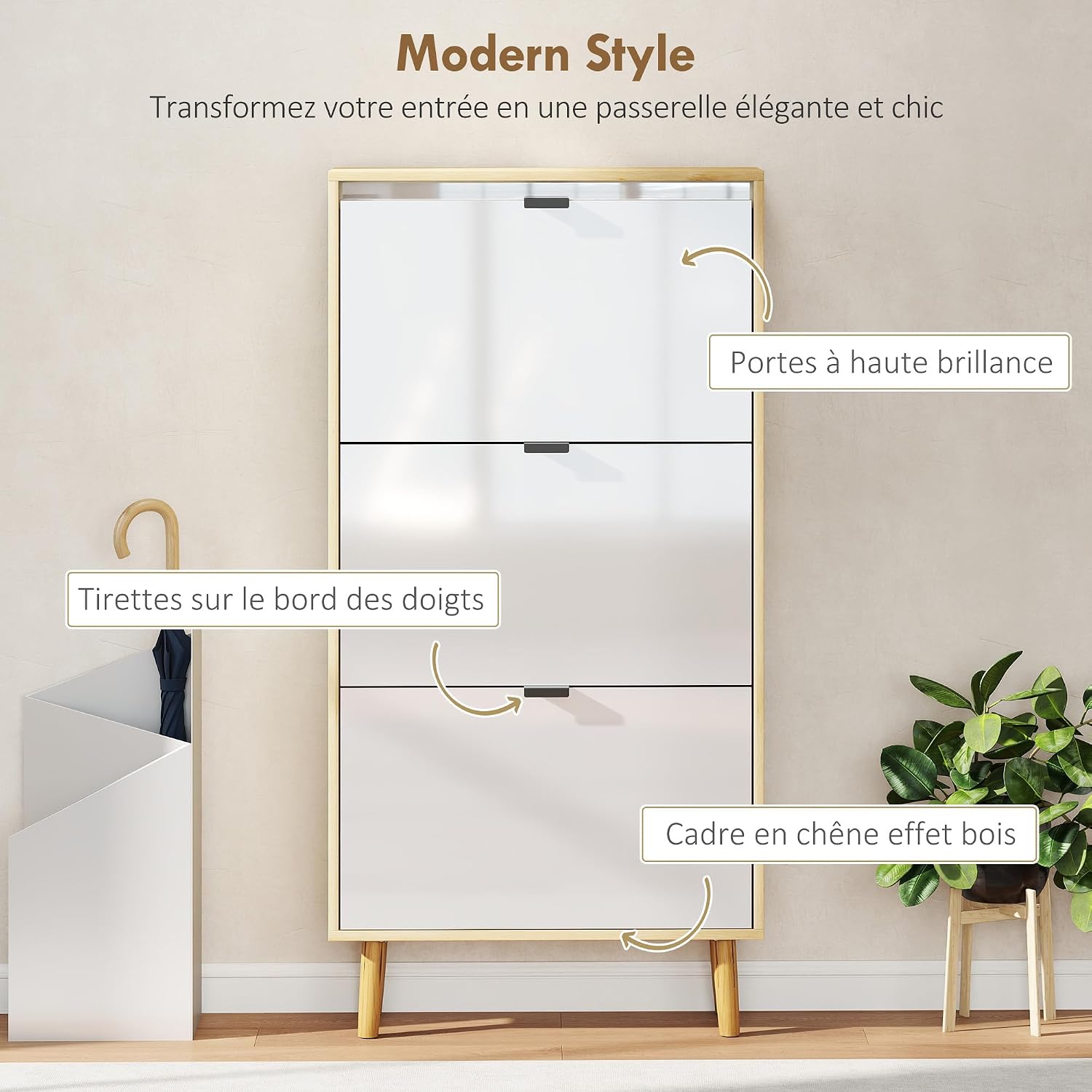 HOMCOM 18 Pairs Shoe Cabinet with High Gloss Door, Narrow Shoe Cabinet with 3 Folding Drawers and Adjustable Shelves, Modern Style, for Hallway, Entrance, 60 x 24 x 127 cm, White