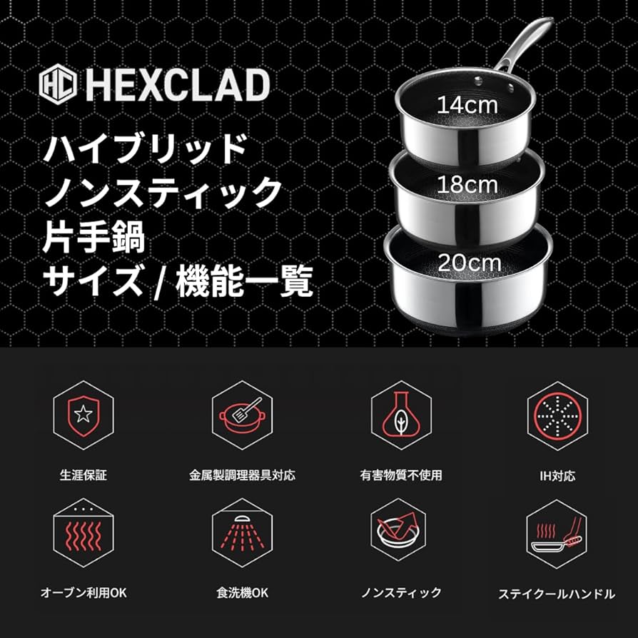Amazon|HexClad ハイブリッド ノンスティック 片手鍋 【18cm / 1.9L Amazon|HexClad ハイブリッド ノンスティック 片手鍋 【18cm / 1.9L