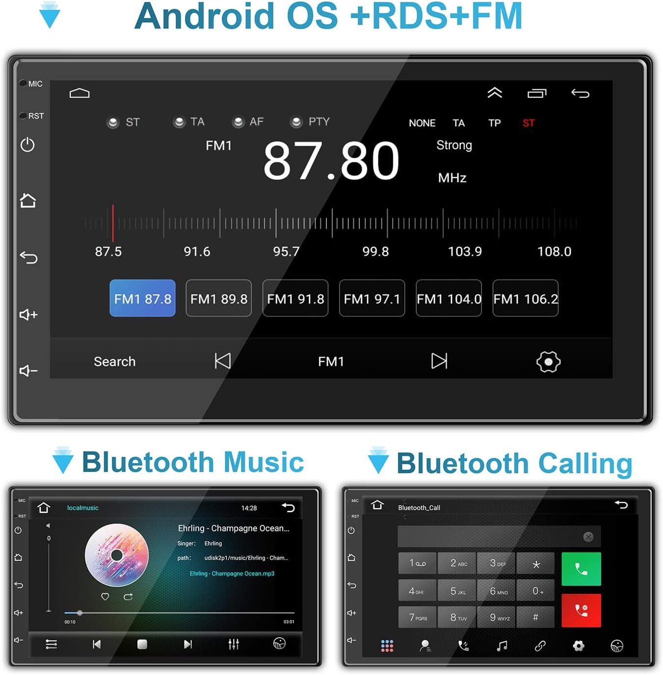 The car stereo display showing the FM radio interface (top), Bluetooth music playback (bottom left), and Bluetooth calling dial pad (bottom right).