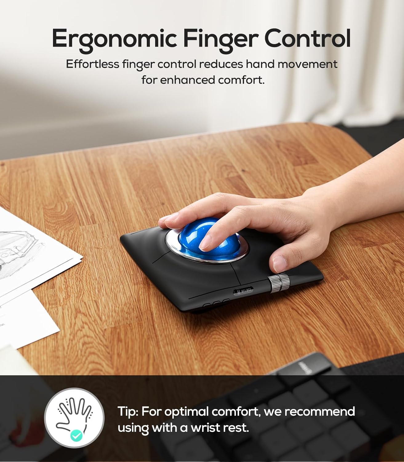 Hand using the Nulea M512 Trackball Mouse for ergonomic finger control