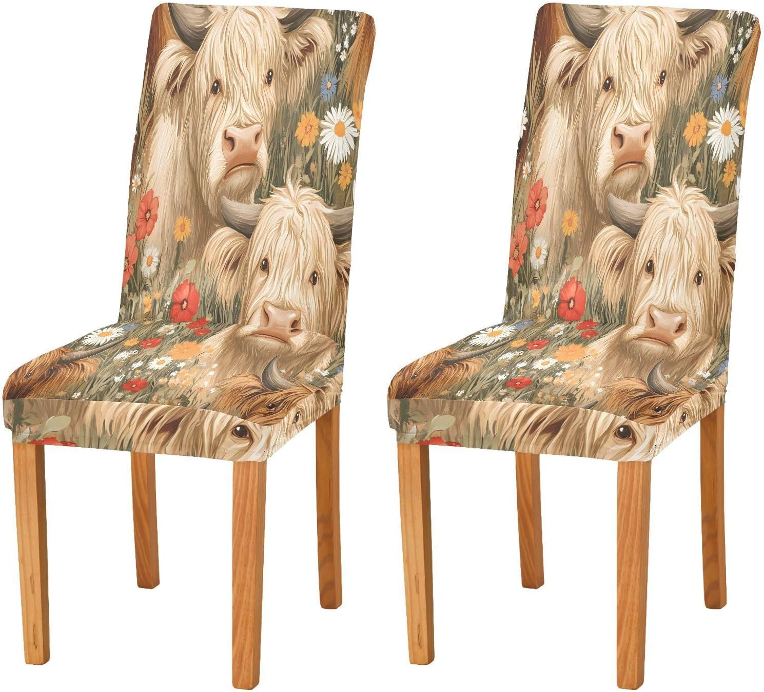 ALAZA Chair Covers for Dining Room, Highland Cattle Colorful Flower Pattern Stretch Chair Cover Sets Chair Protector Removable Washable for Ktichen Restaurant Hotel