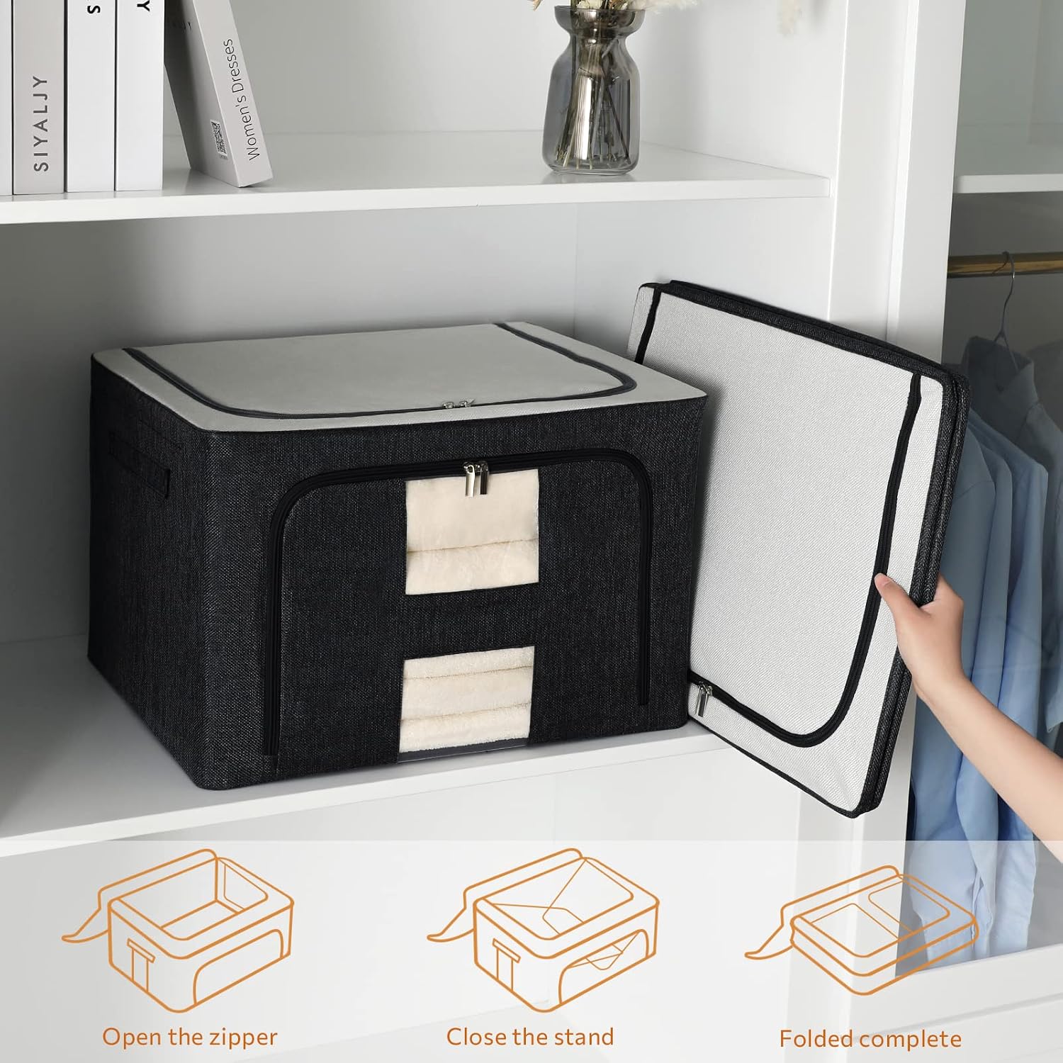 FAikhom 3 Pack Clothes Storage Bins Stackable Storage Box Large Capacity Foldable Metal Frame Storage Container Organizer with Mesh Window and Carrying Handles (19.7x15.7x12.6inch(66L), Black)