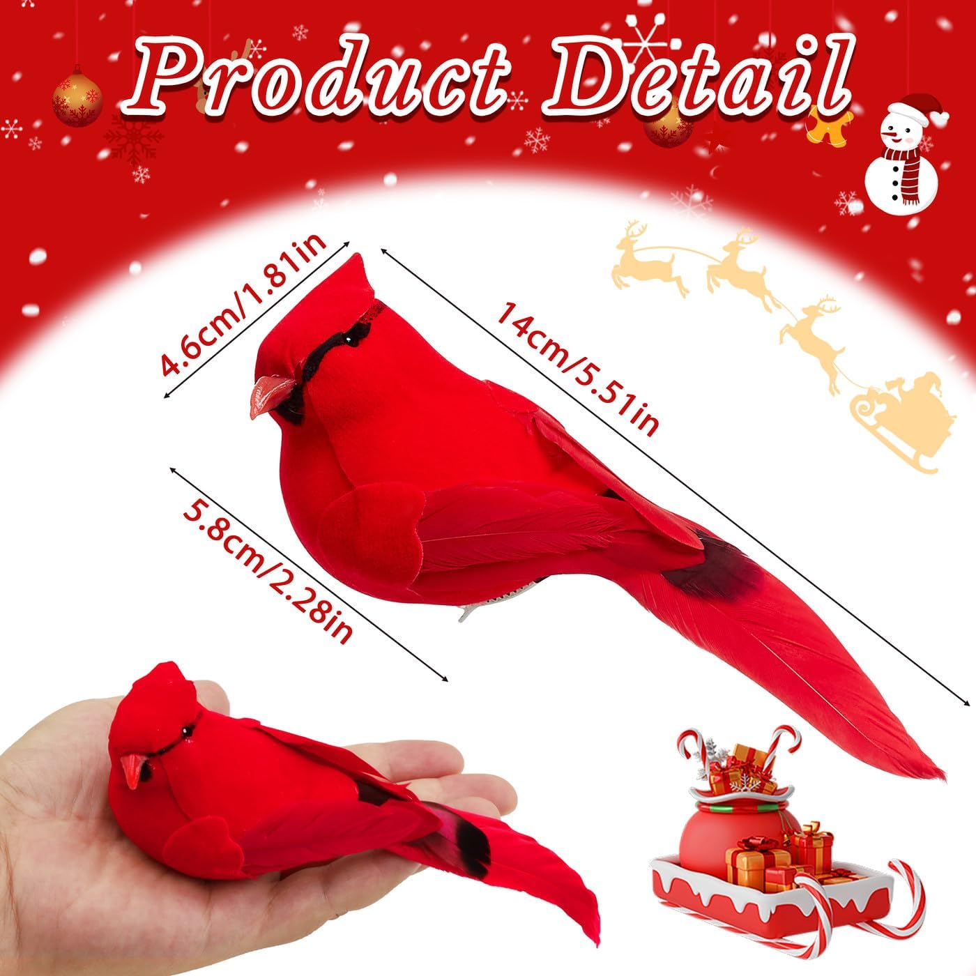 6Pcs Cardinal Decor Red Bird, 5.5" Large Clip on Red Birds Decoration Cardinal Ornaments for Christmas Tree, Artificial Bird Cardinals Gifts Decoration for Wreath DIY Crafts Christmas Ornament - Image 4