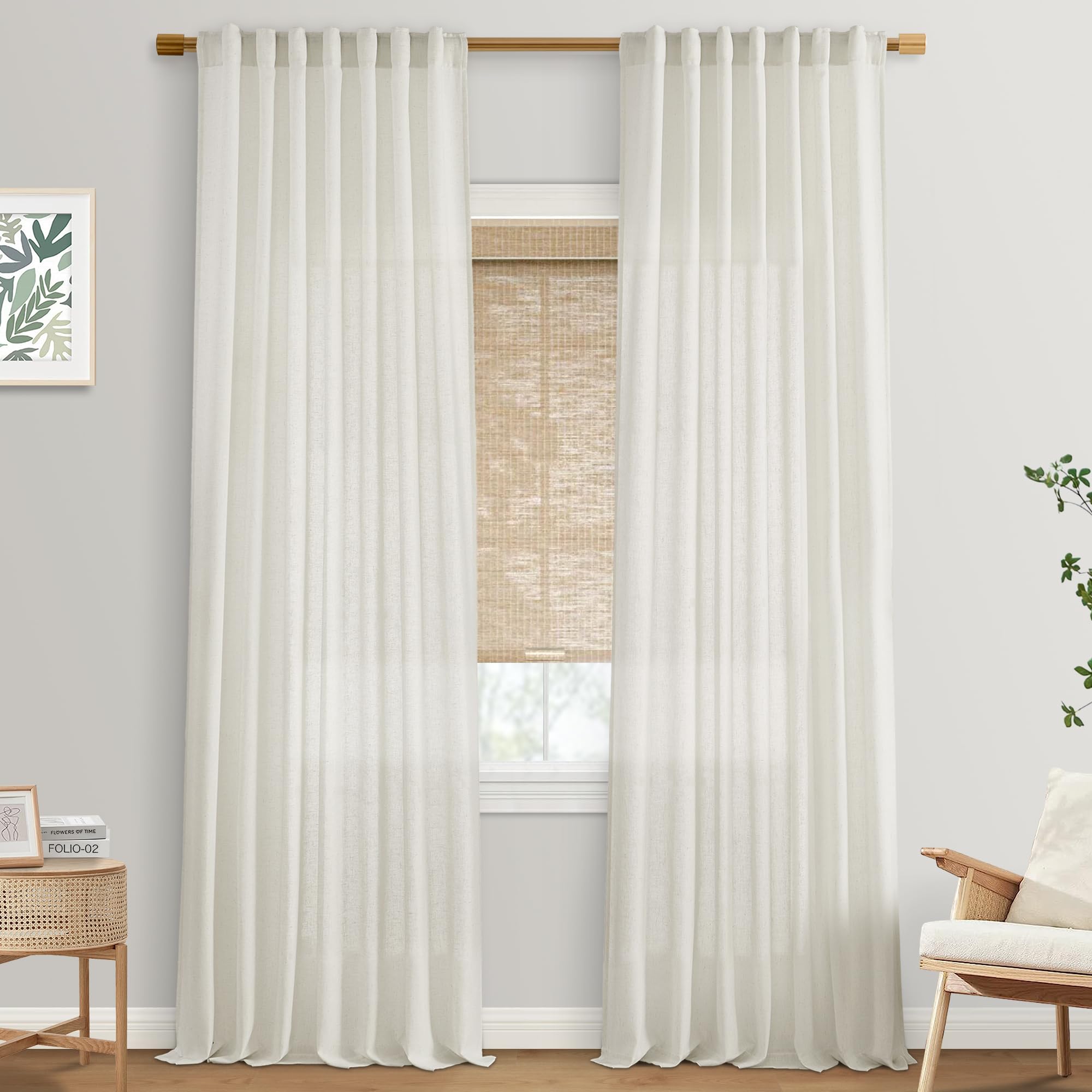 96 Inches Long Modern Farmhouse Linen Curtains for Living Room,Hang Pin ...
