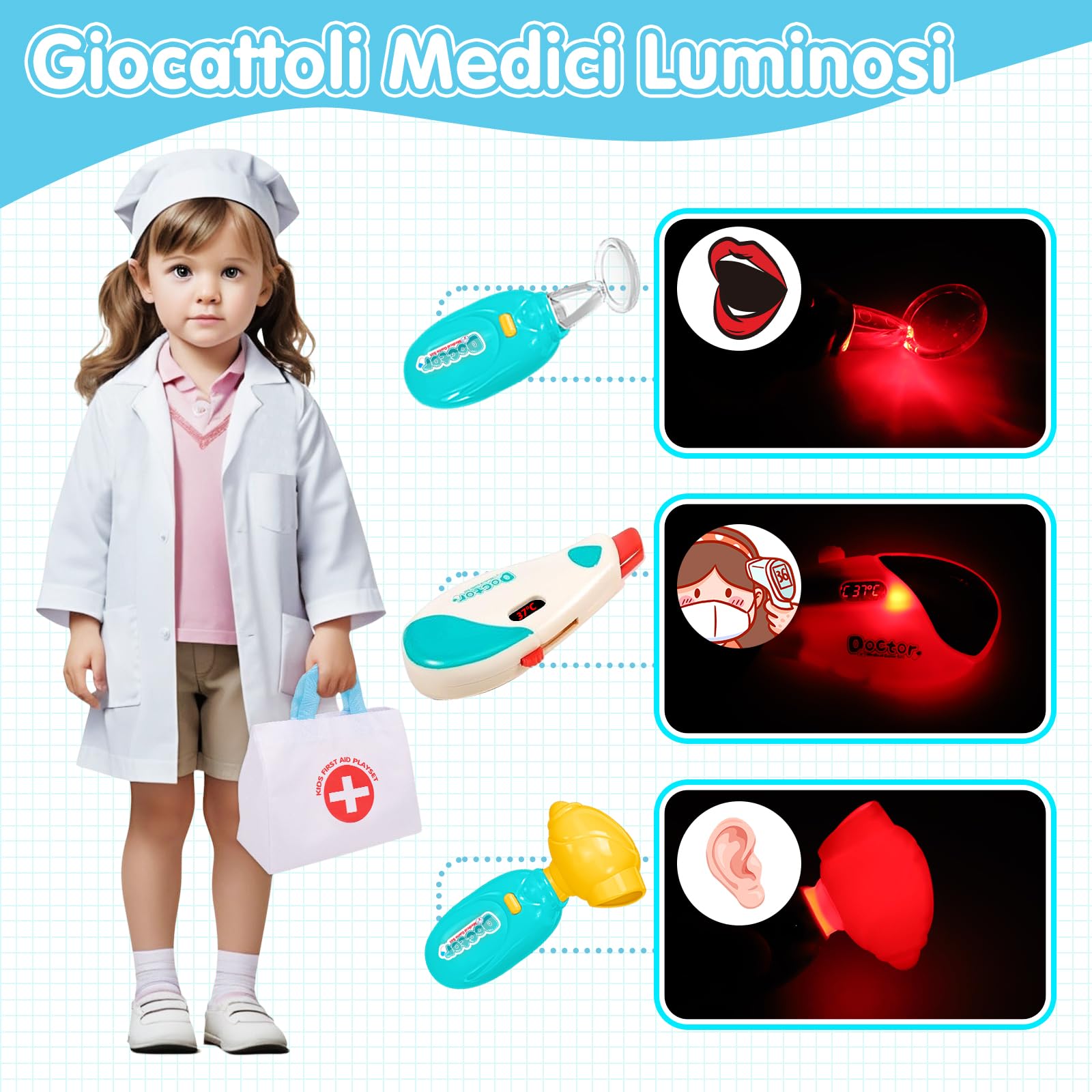 Valigetta medica bambini dai 2 3 4 5 anni in su, con stetoscopio realistico, termometro, giochi di ruolo, giochi di dottorato, kit medico, kit di dottorato, giocattolo a partire dai 3 4 5 anni