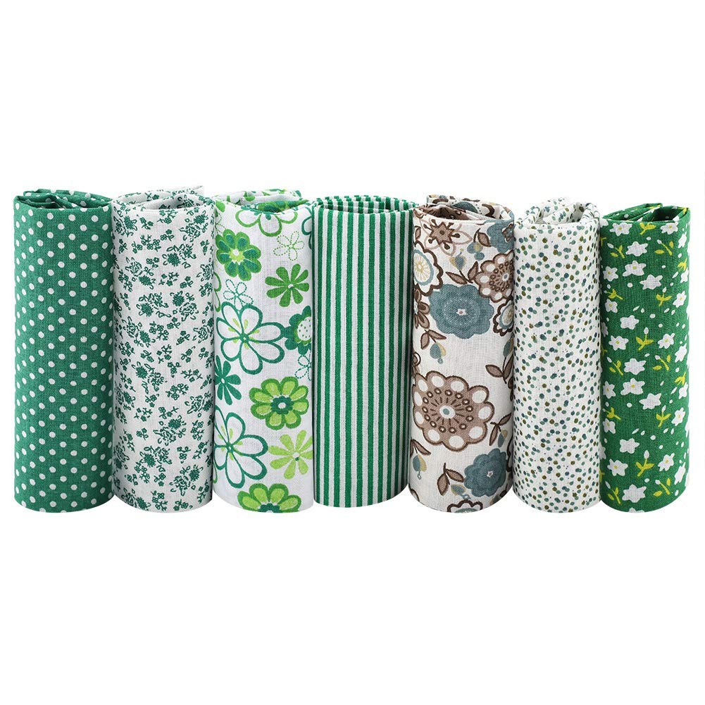7PCS Cotton Fabric Squares for Sewing, 25 x 25 cm Precut Patchwork Fabric Bundles with Floral Patterns, Cotton Scraps Kit for Sewing, Quilting, DIY Crafts (Dark Green)