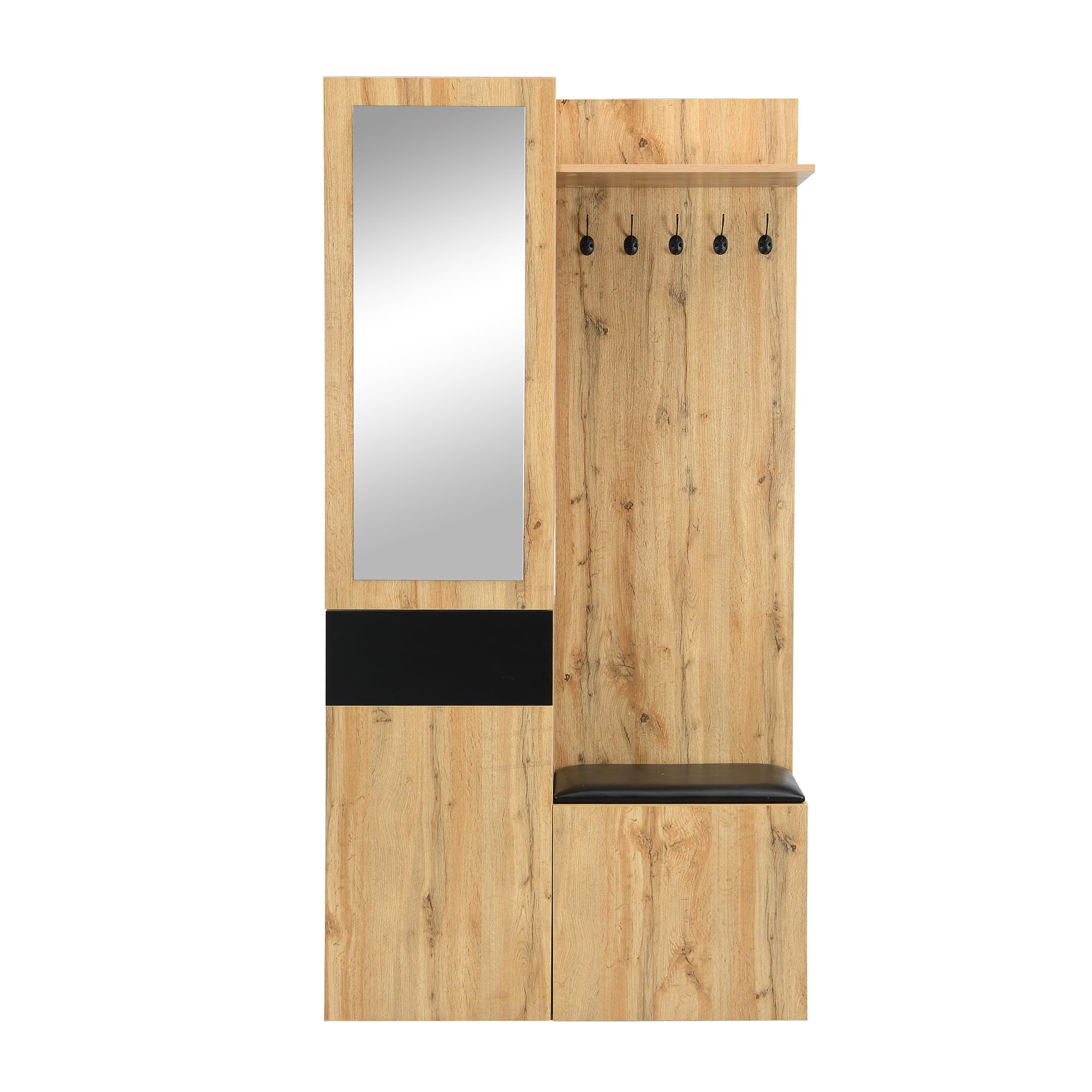 Set appendiabiti con 5 ganci appendiabiti, specchio, scarpiera, armadio a muro con ripiani superiori, cassetti, ripiani superiori, panca appendiabiti da corridoio (nero + naturale)