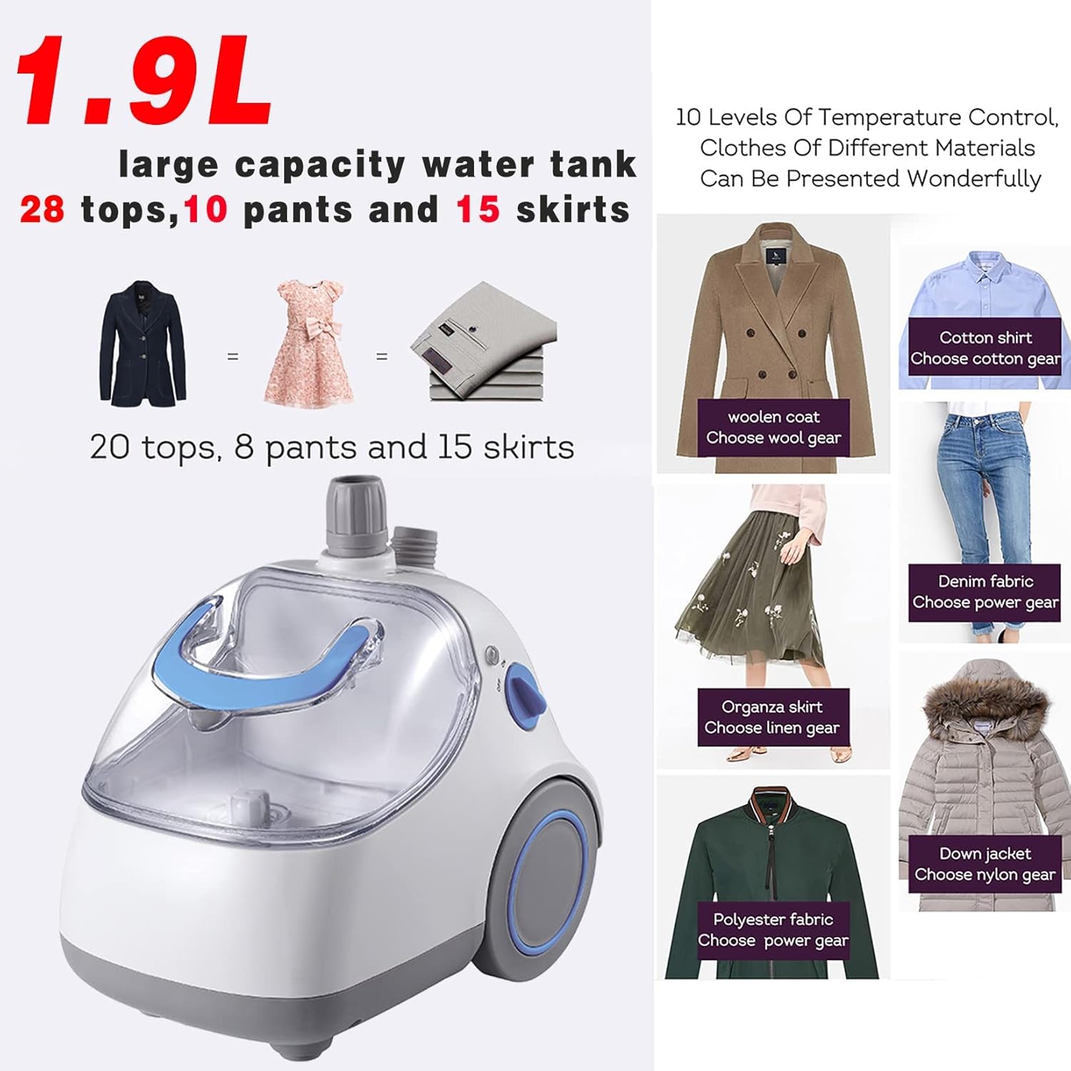 1500 W Garment Steamer with 98° Temperature Steam Steamer Clothing Release Wrinkles in No Time Clothes Steamer with 30G/Min Steam Flow