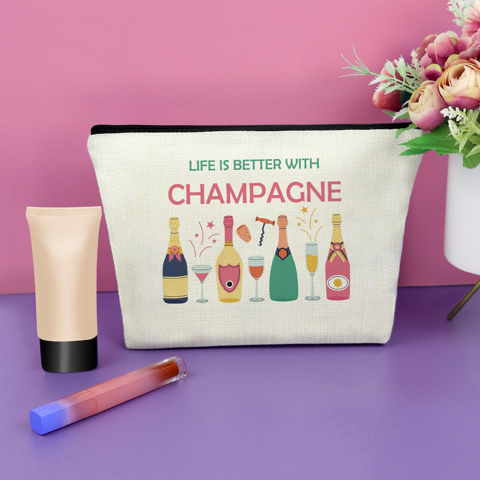 Sazuwu Champagne Lover Gift Makeup Bag Wine Trip Gifts Housewarming Drinking Themed Gifts for Champagne Lovers Best Friends Cosmetic Bag Birthday Christmas Gift for Women Wife Zipper Pouch