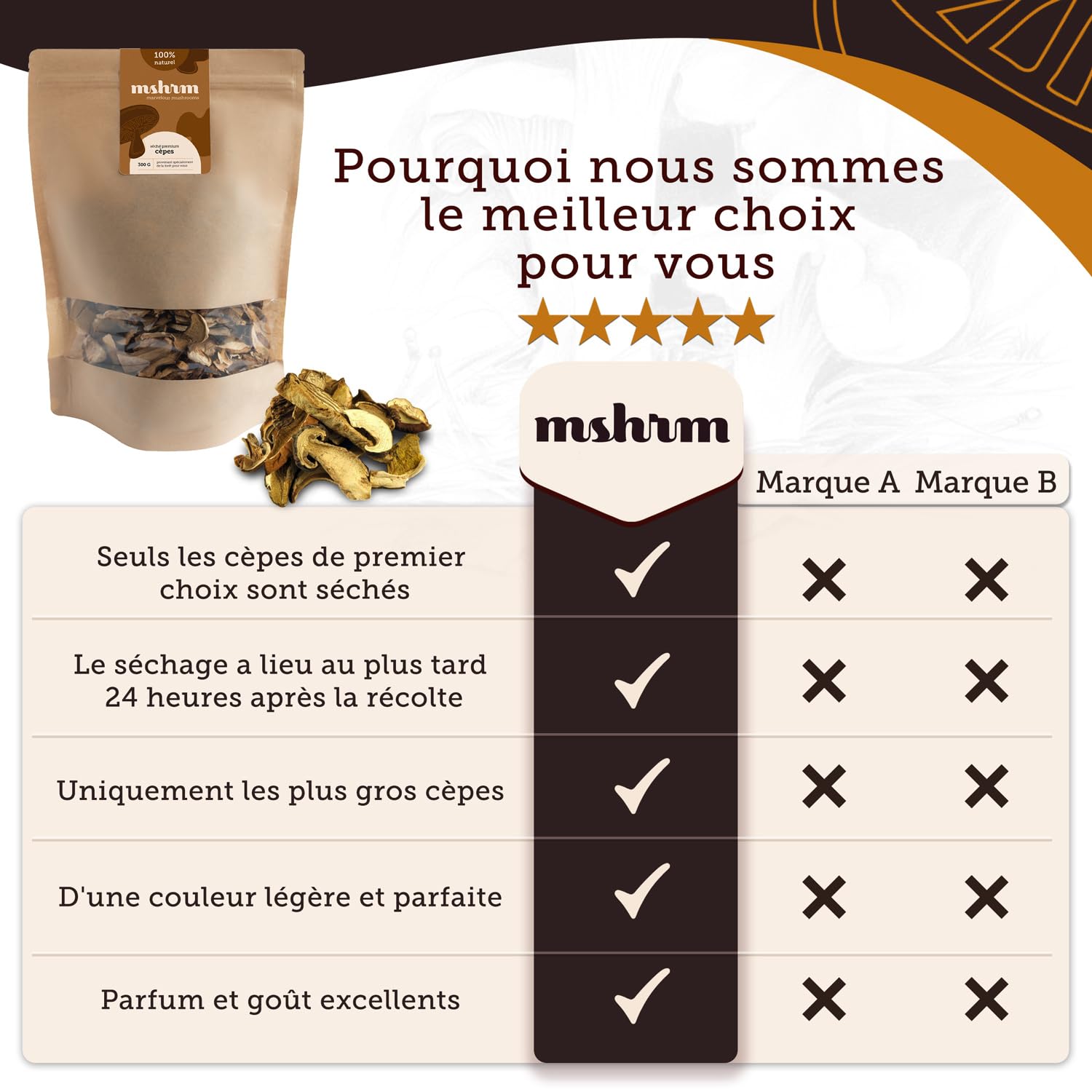 MSHRM Cèpes Séchés 300g - Classe 1 - Champignons séchés de qualité supérieure pour la consommation - Cèpes séchés issus de l'agriculture durable - Porcini Cèpes séchés