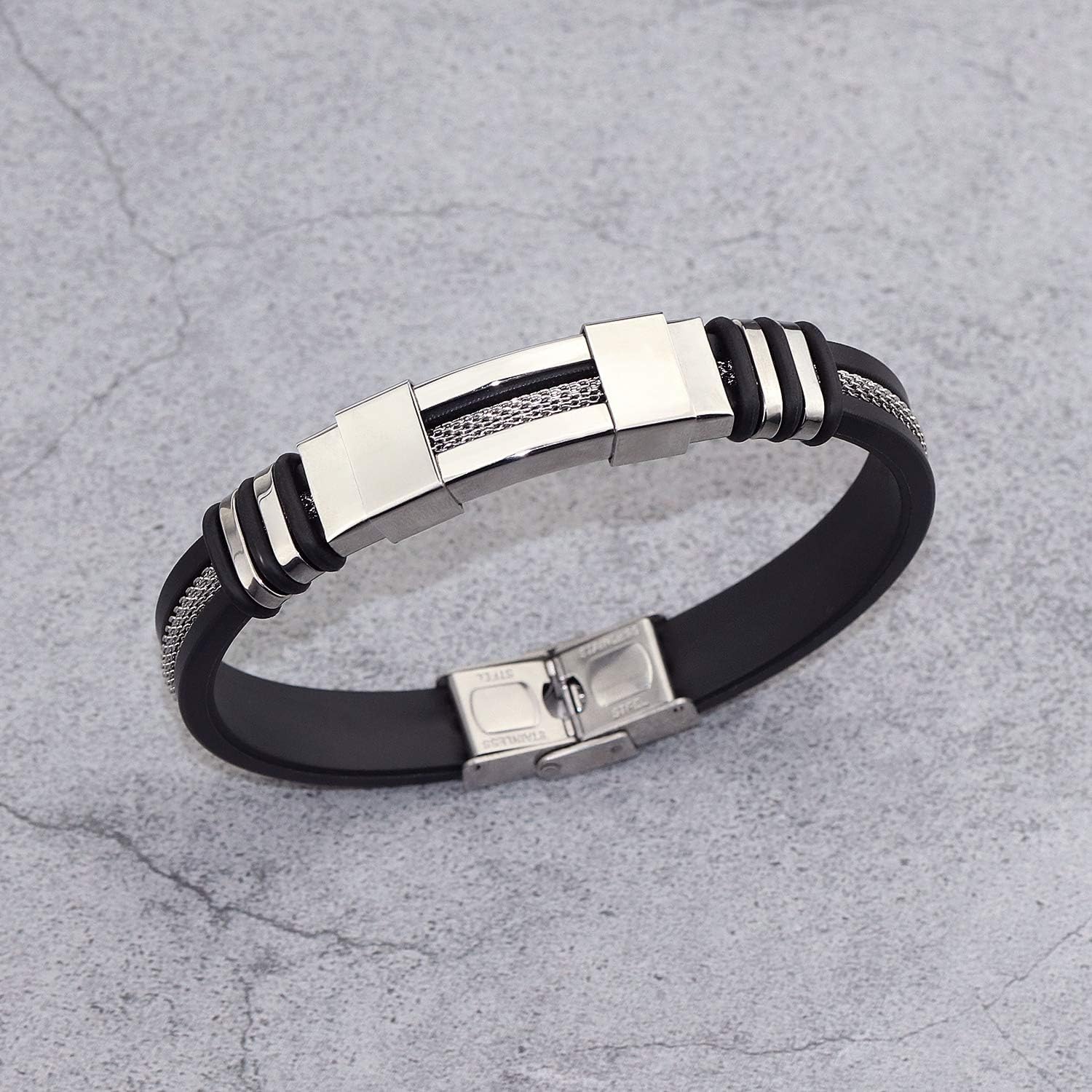 Suyi Men's Adjustable Bracelet Silicone Wrap Bracelet Stainless Steel Cuff Bracelet
