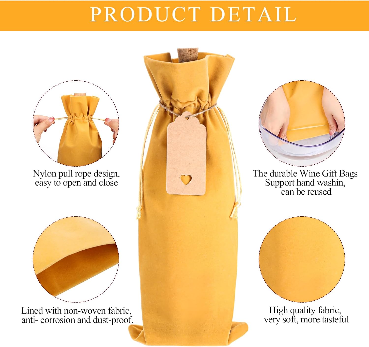 Windyun 20 Pcs Velvet Wine Bags with Drawstrings and Tags, Flannelette Bottle Cover Gift Bags Champagne Gift Wine Holder Bag for Housewarming Wedding Birthday(Gold) - Image 3