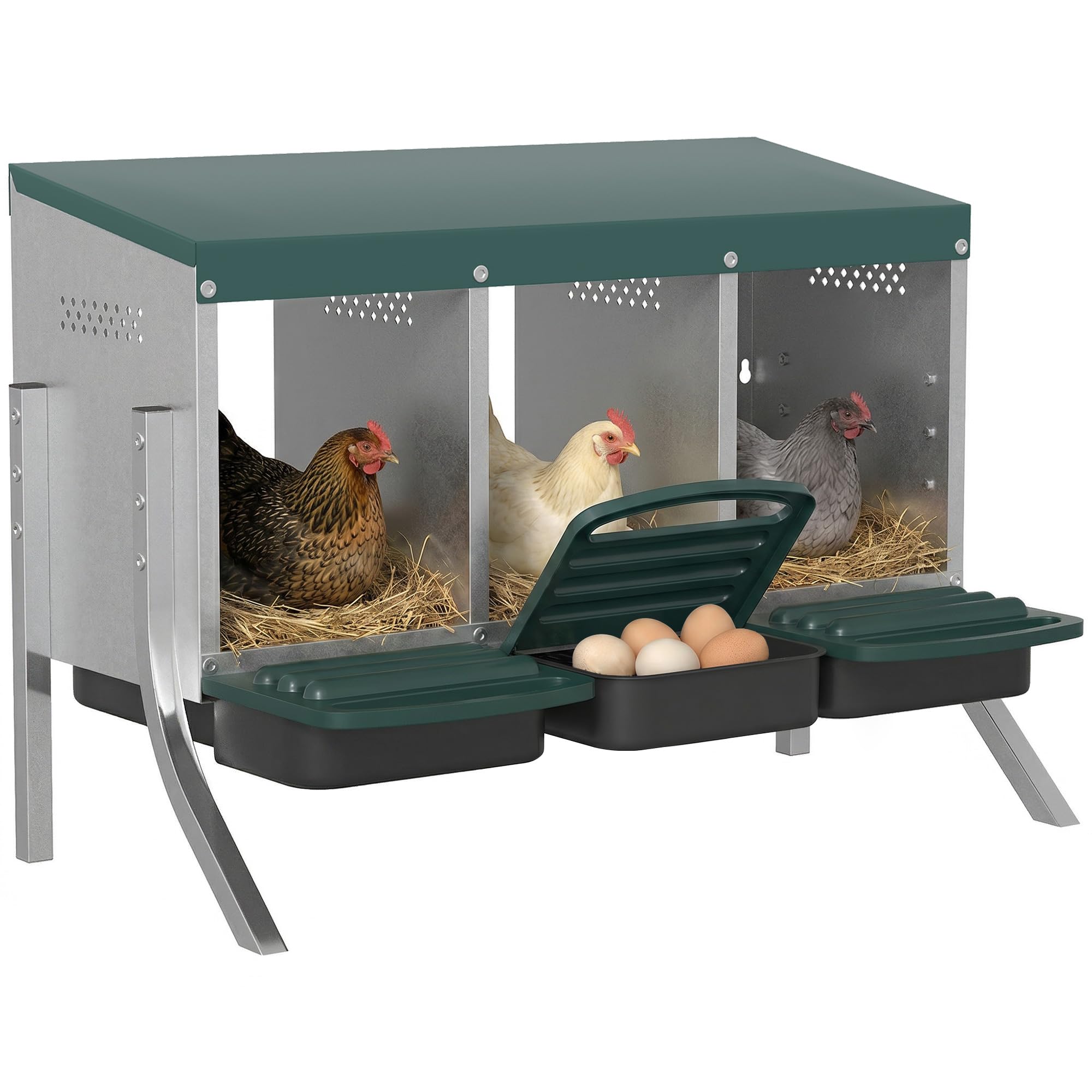 PawHut Legenest für Hühner, Abrollnest mit Belüftungslöchern, 3 Fächer, Hühnernest für 3 Hühner, Geflügelnest für Kleintierstall 84 x 55 x 61 cm, Silber