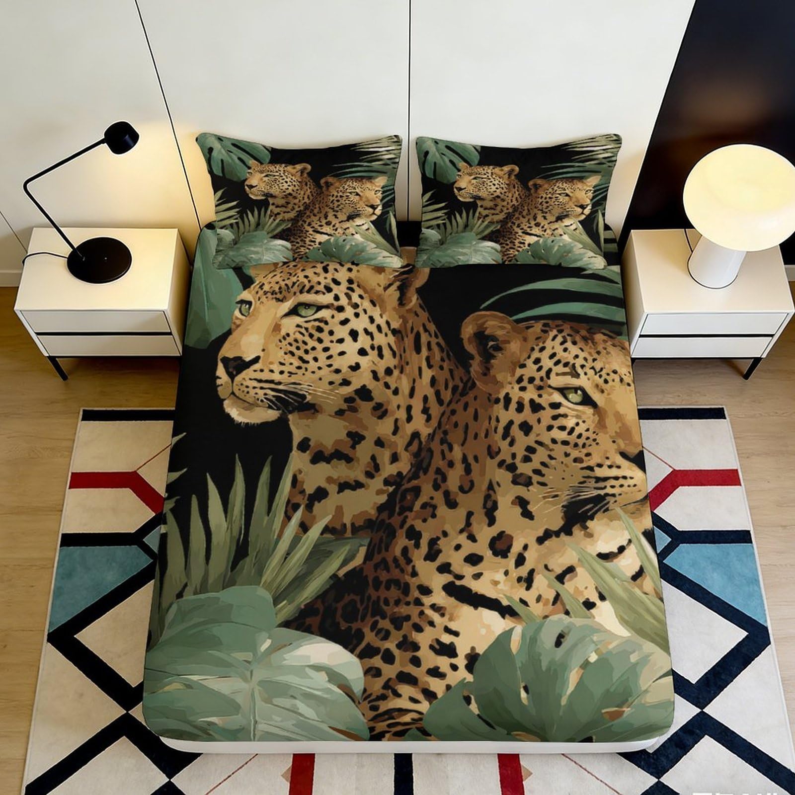 3D Printed Jungle Leopard Fitted Sheet Microfiber Deep Pocket Jungle Leopard Mattress Fitted Cover Non-Slip Full Wrap Bedding 140x200x25cm