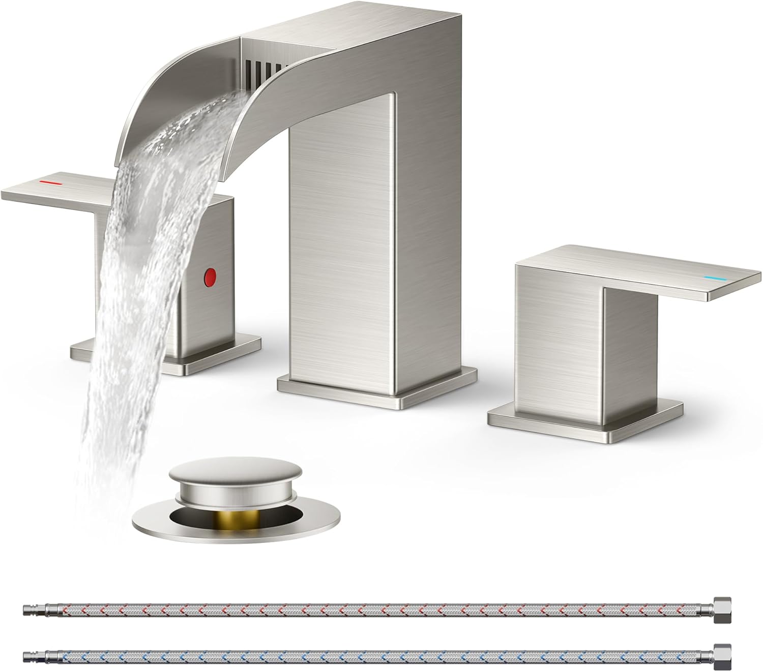 FORIOUS Square Brushed Nickel Bathroom Faucets 3 Hole, Waterfall 8 Inch Widespread Bathroom Sink Faucet with Metal Pop-up Drain and Supply Lines, Two Handles for Vanity, Lavatory, Restroom