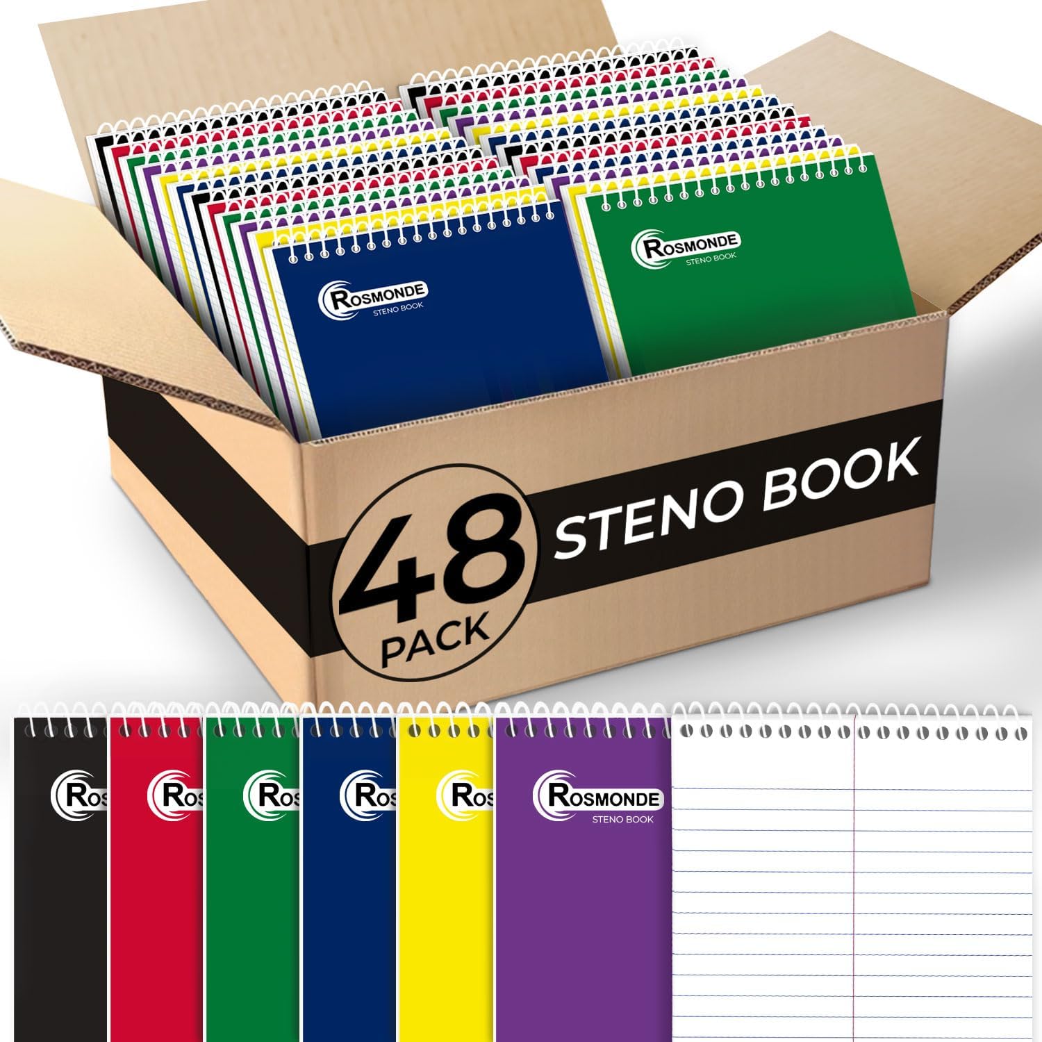 Rosmonde 48 Pack Bulk Spiral Steno Book, 6" x 9" Gregg Ruled Steno Notebook, 80 Sheets (160 Pages), Assorted Covers, Bulk Steno Notebooks for Writing Notes in Office, School, College, Spiral Note Pads