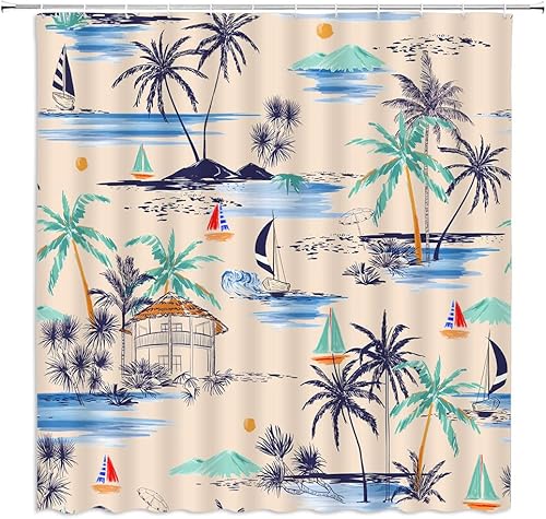 Cortina de ducha hawaiana, palmera tropical, velero náutico, océano, costero, retro, paisaje, garabatos, tela, juego de cortina de baño con ganchos