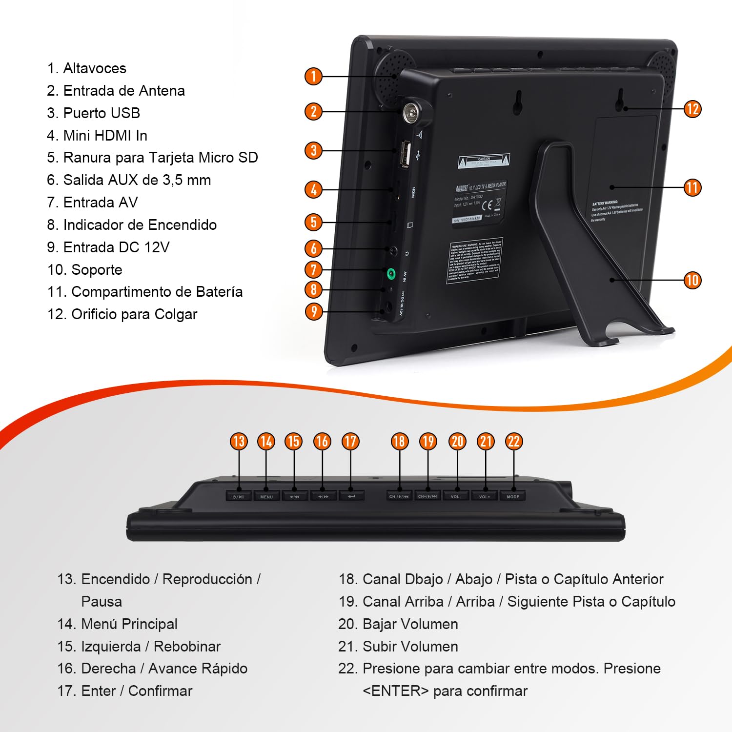 August DA100D TV Portátil TDT 10 Pulgadas LED, Mini Televisión Digital con Red, Batería o 12v, DVB-T / T2 HDM USB Jack 3.5, Tele LED y Grabación, Salón Dormitorio Cocina Coche Camión Caravana - Negro