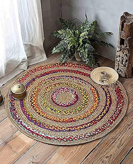 Giya Rugs Natural Cotton with Natural Jute Fibers, Braided Reversible Round Carpet for Home, Bedroom (Multi, 60 cm)