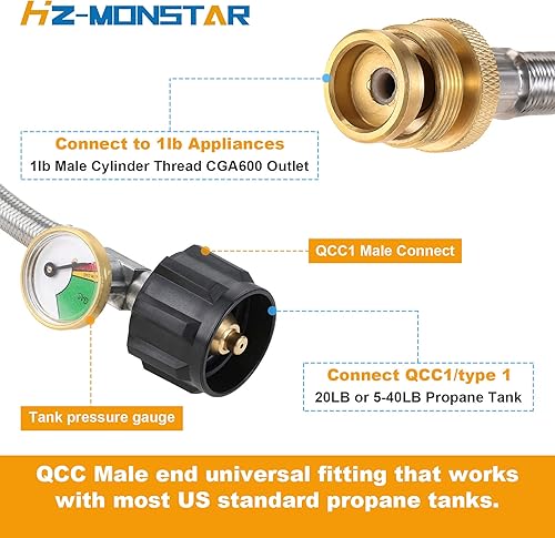 Miniatura 2 de Adaptador de manguera de propano de 6 pies de 1 a 20 libras con adaptador de manguera de propano trenzado de acero inoxidable para tanque QCC1Tipo 1