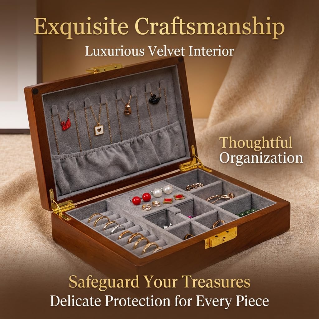 Solid Black Walnut Jewelry Box with Lock and Key Large Capacity Vintage Wooden Organizer for Women and Men Ring Necklace Earring Cufflink Storage Removable Dividers Gift for Christmas - Image 2