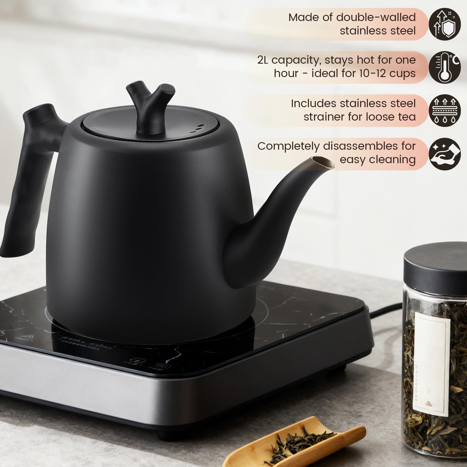 Teiera con Infusore 2 Litri, Teiera Termica, 10-12 Tazze, Teiera in Acciaio Inossidabile a Doppia Parete per Tè Sfuso, Zenzero e Miscele di Erbe