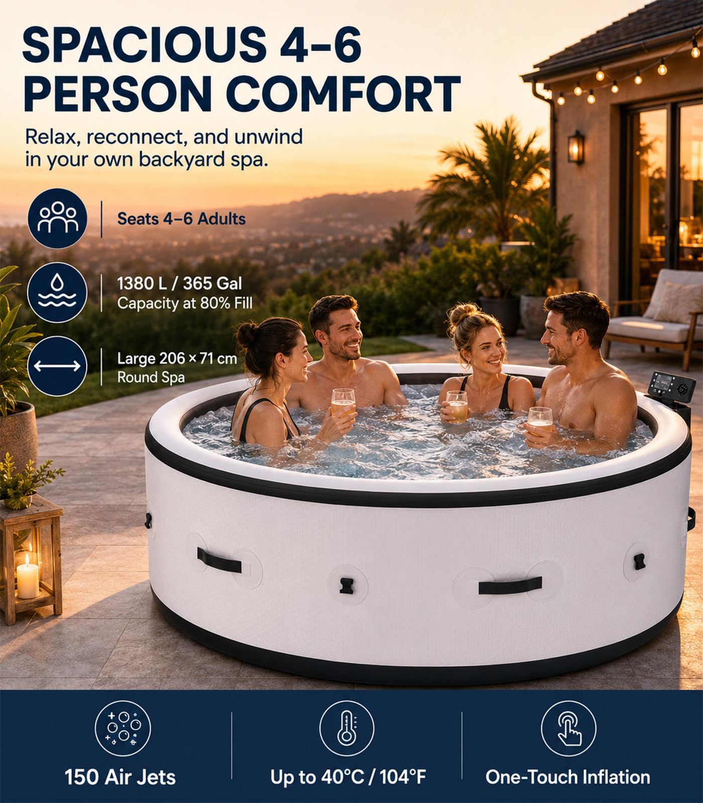 Spa Gonflable Chauffant 150 Jets et LED pour Jardin