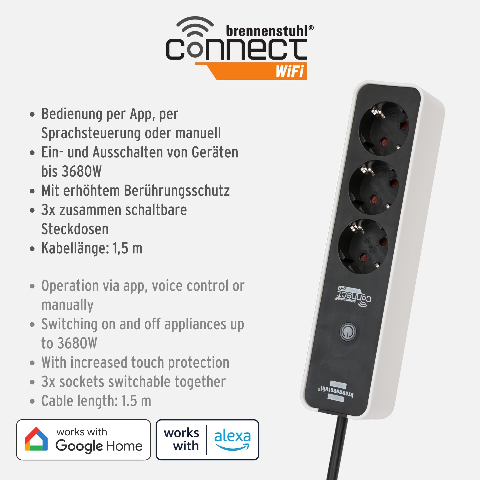 Brennenstuhl Presa multipla Connect Ecolor WiFi a 3 bianco/nero