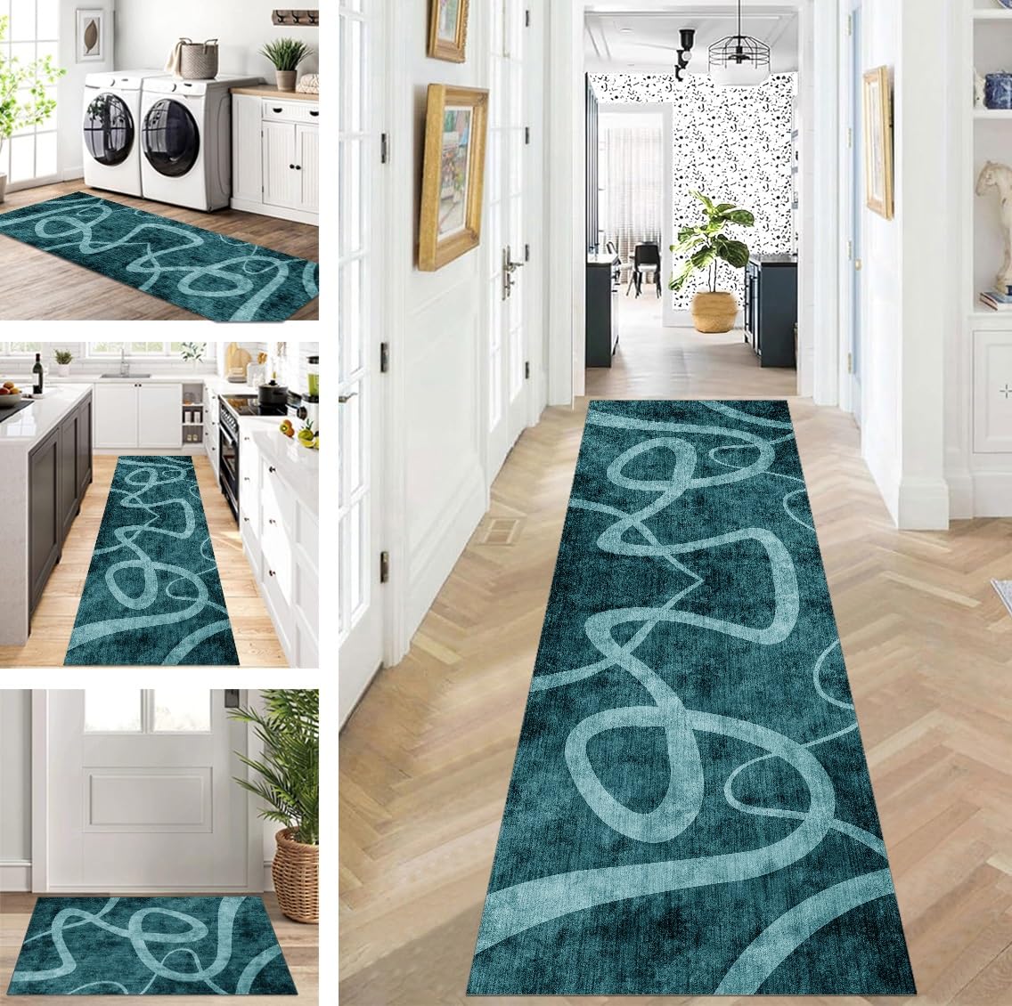 Teppich Läufer Lang Dunkelgrün Flur Küche rutschfest waschbar Teppichmatten Modern Design Küchenläufer 70X150cm Küchenteppich Meterware Esszimmer Schlafzimmer Wohnzimmer Schmutzfangmatte