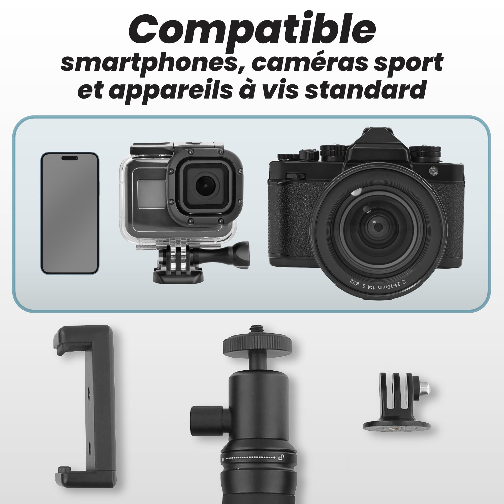 T'nB - Trépied Téléphone, Pack Voyage 4 en 1 avec Perche Selfie, Noir