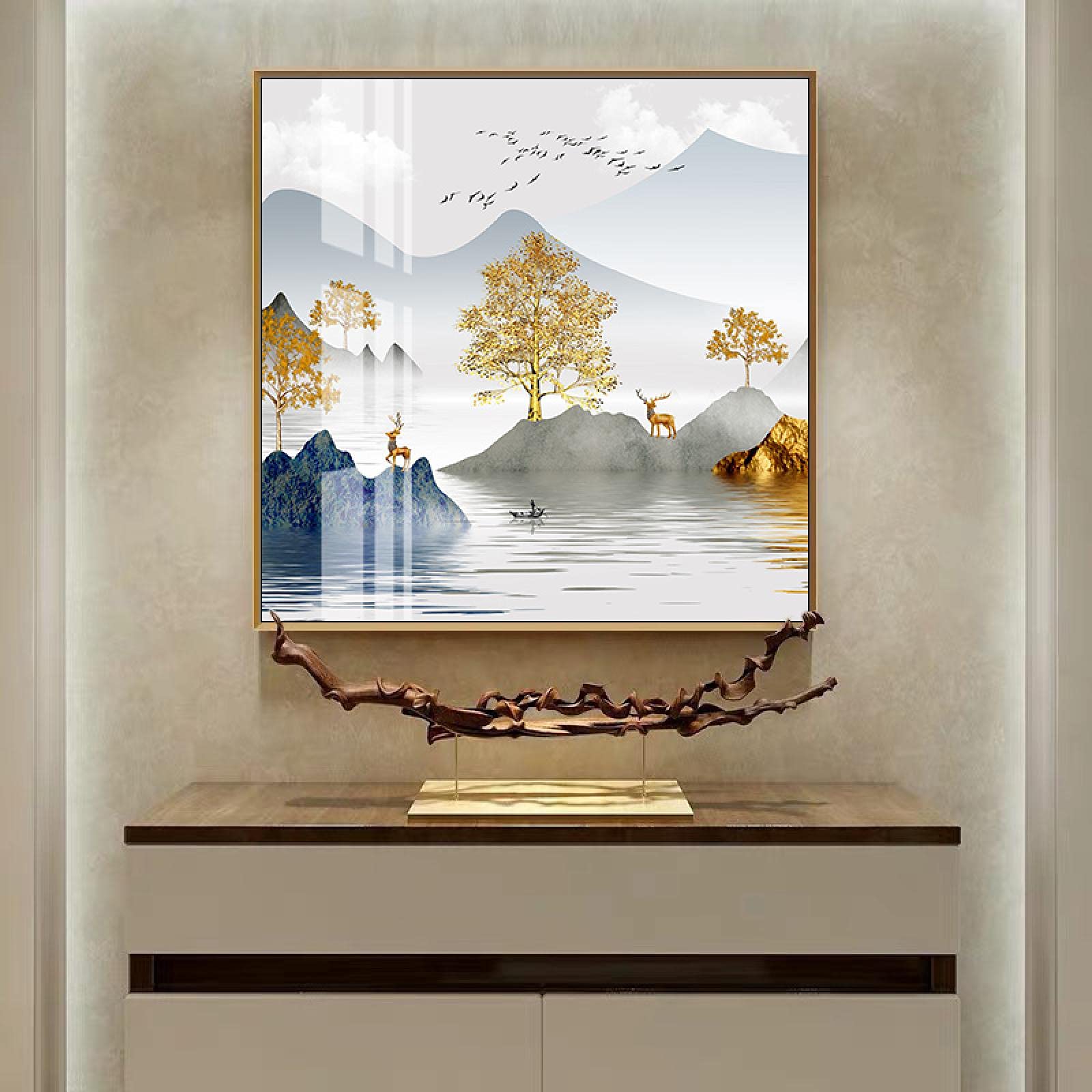 Pintura en lienzo de montaña y barco: cartel de paisaje chino de 40x40 cm
