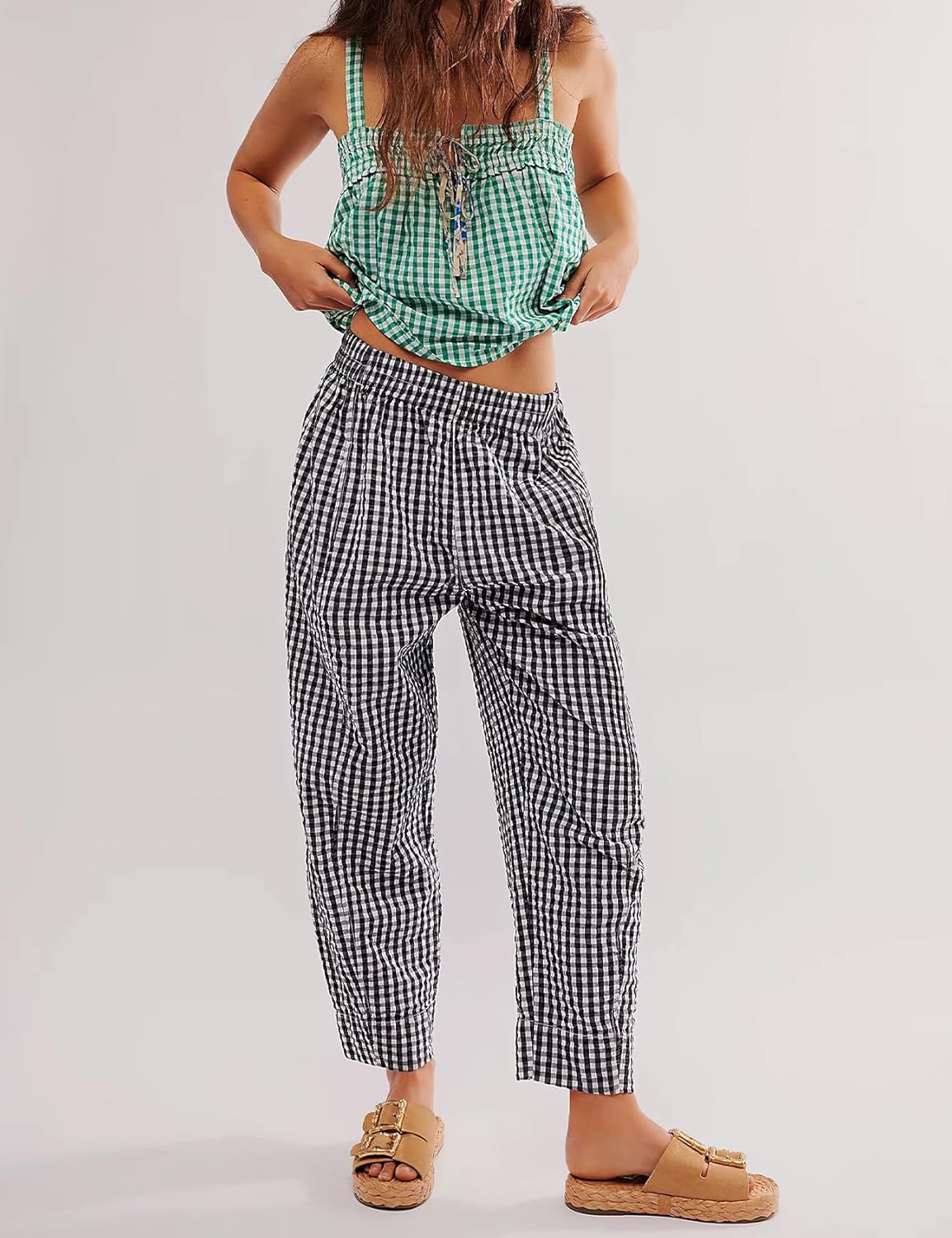 PEHMEA Cotton Gingham Boxer Pants for Women Casual Plaid Harem Trousers Y2K Beach Lounge Bottoms with Pockets - Image 7