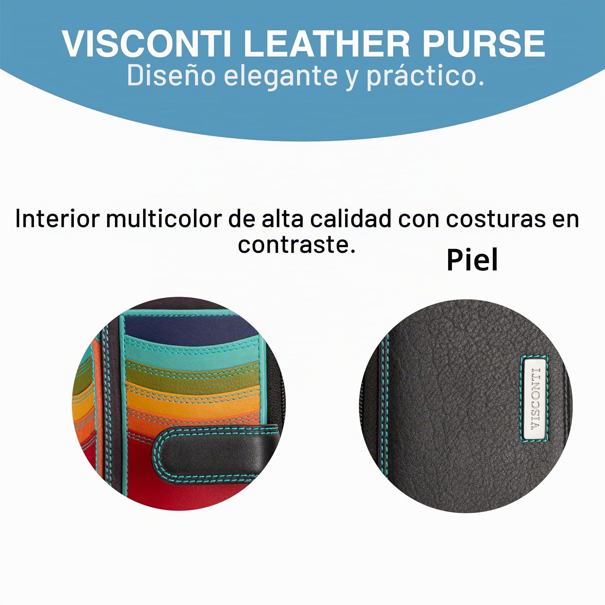VISCONTI Cartera de cuero suave para mujer, tarjetero, portatarjetas, 2 ventanas para fotografía de identificación, 6 bolsillos deslizantes, 16 ranuras, regalos para mujer, Negro/Rhumba, Talla única