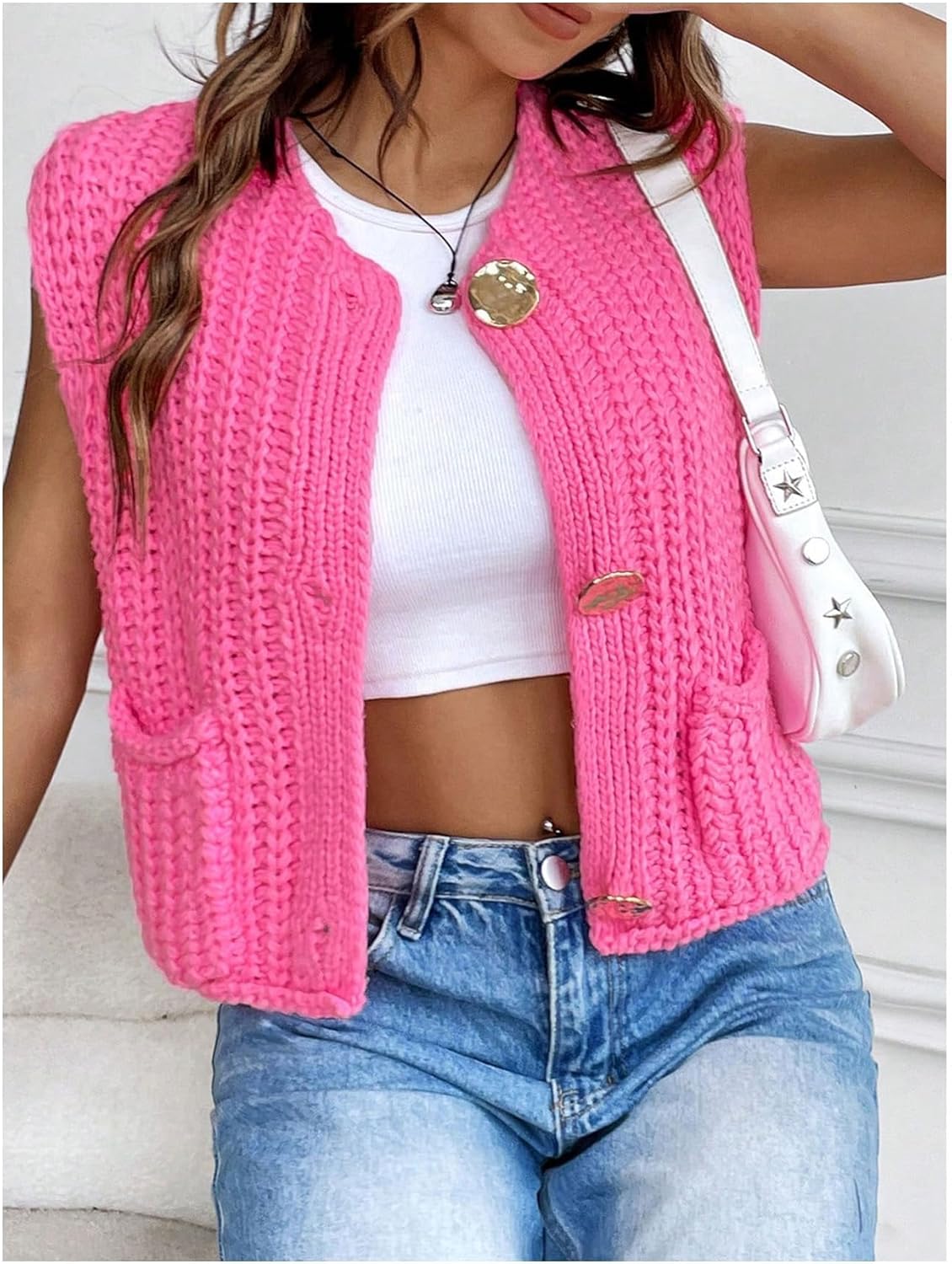 GORGLITTER Women's Cropped Sweater Vest Sleeveless Button Up Cardigan Cute Holiday Knit Sweater Tank Tops Dressy Casual - Image 6
